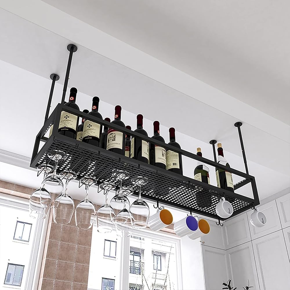 Adjustable Ceiling Wine Glass Rack - Wall-Mounted Iron Wine Bottle Holder 11.8-23.6 Inch Stylish Hanging Wine Shelves for Kitchen Bar Cafe (Size: 120cm)