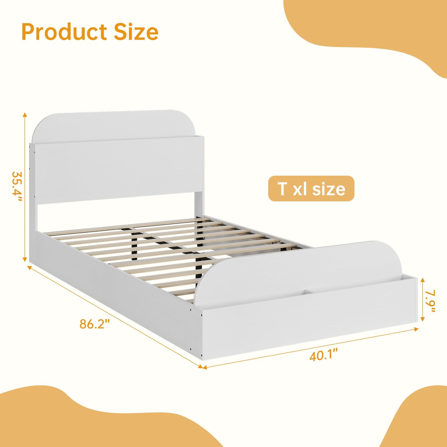 Garvee Twin XL Size Bed Frame with Storage Headboard and Raised Footboard – Wooden Twin-Floor Low Platform Bed for Kids, Heavy Duty & Noise Free, No Box Spring Needed, White