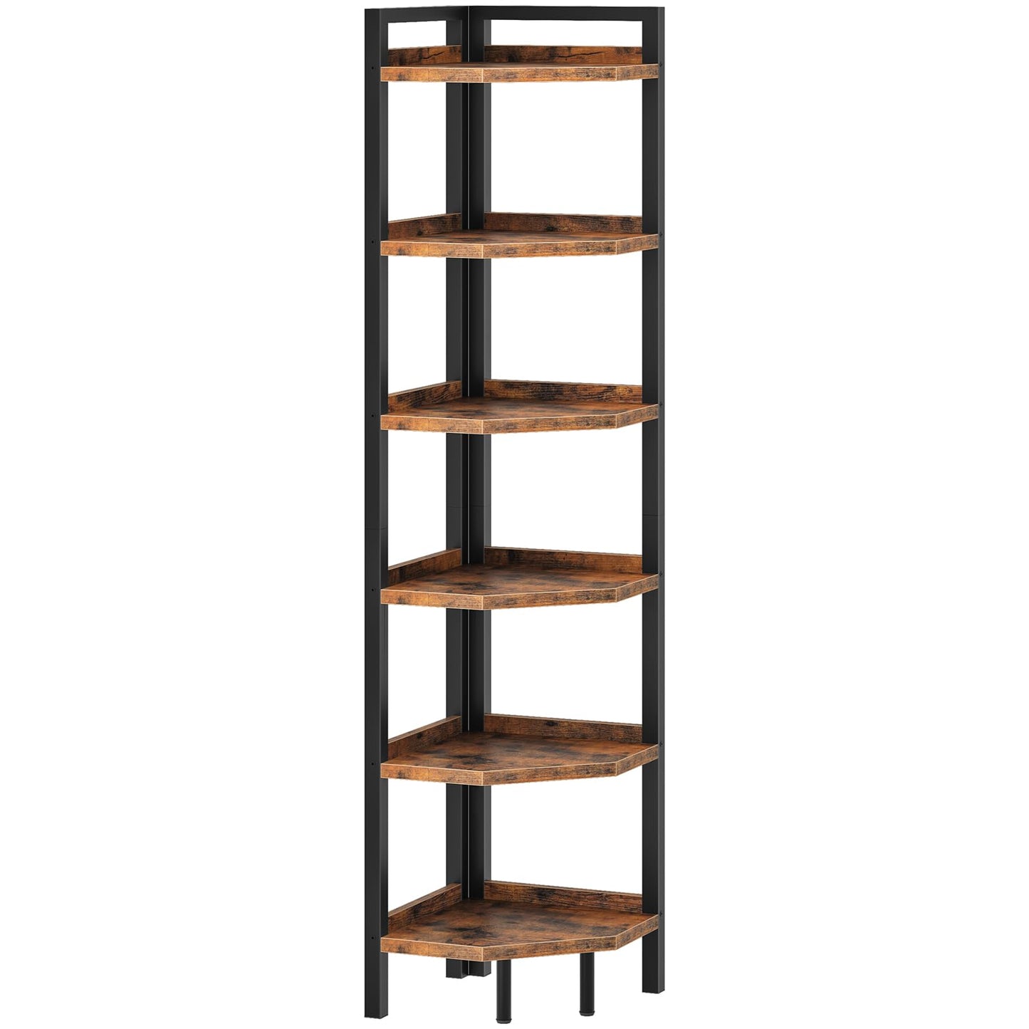 CHOEZON 6-Tier Corner Shelf, Tall Corner Bookshelf, Freestanding Storage Stand, Display Shelving for Living Room, Bedroom, Home Office, Rustic Brown and Black TCJ39BF