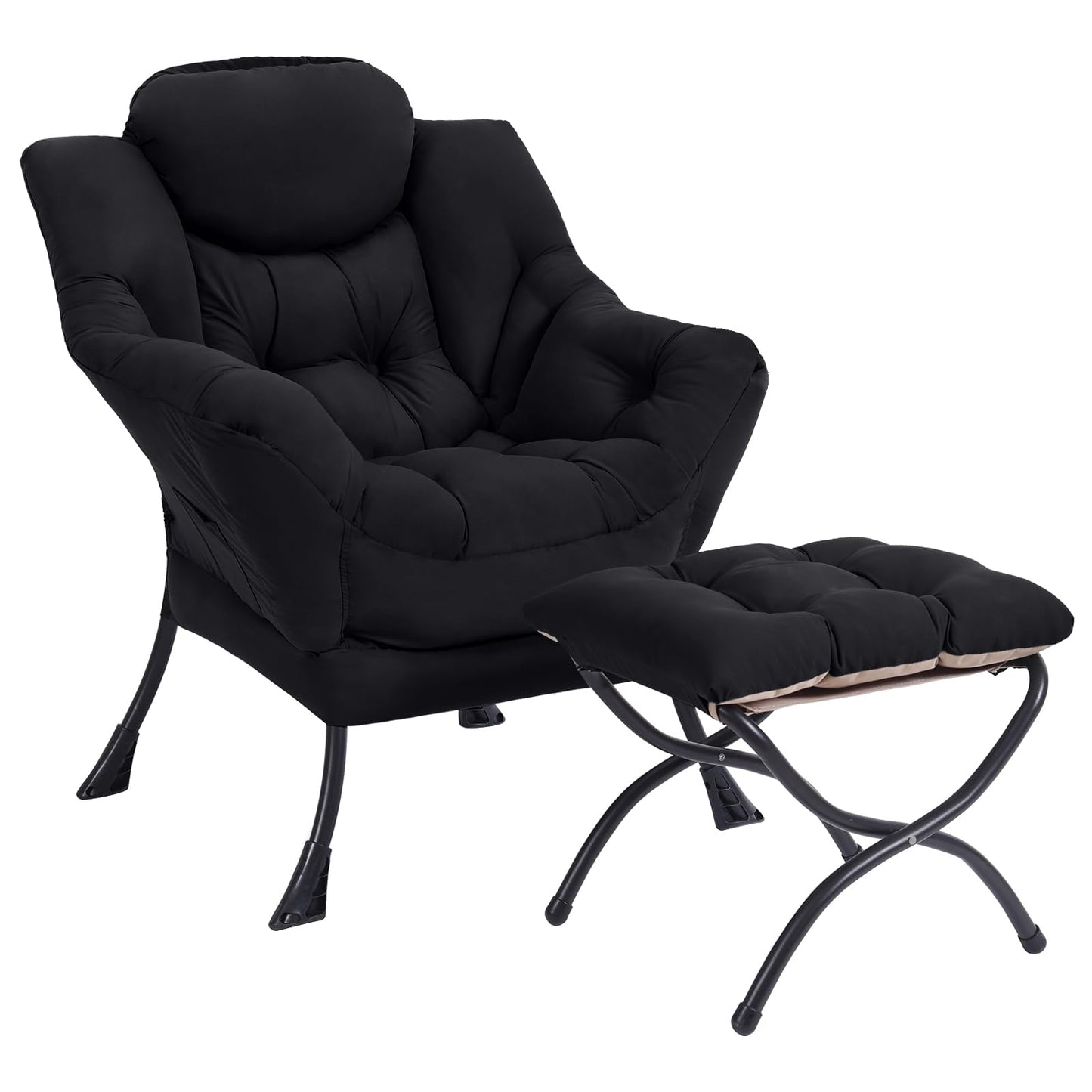 SESHINELL Lazy Chair with Ottoman, Modern Accent Chair Contemporary Lounge Leisure Sofa Chair with Armrests, Reading Chair and Folding Footstool Set for Living Room, Bedroom, Office, Black