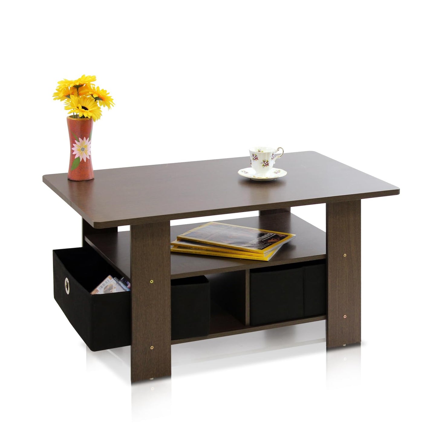 Furinno Andrey Coffee Table, Small Modern Center Table with Storage and Bin Drawer, Side Table for Living Room, Bedroom, Home Office, Dark Brown