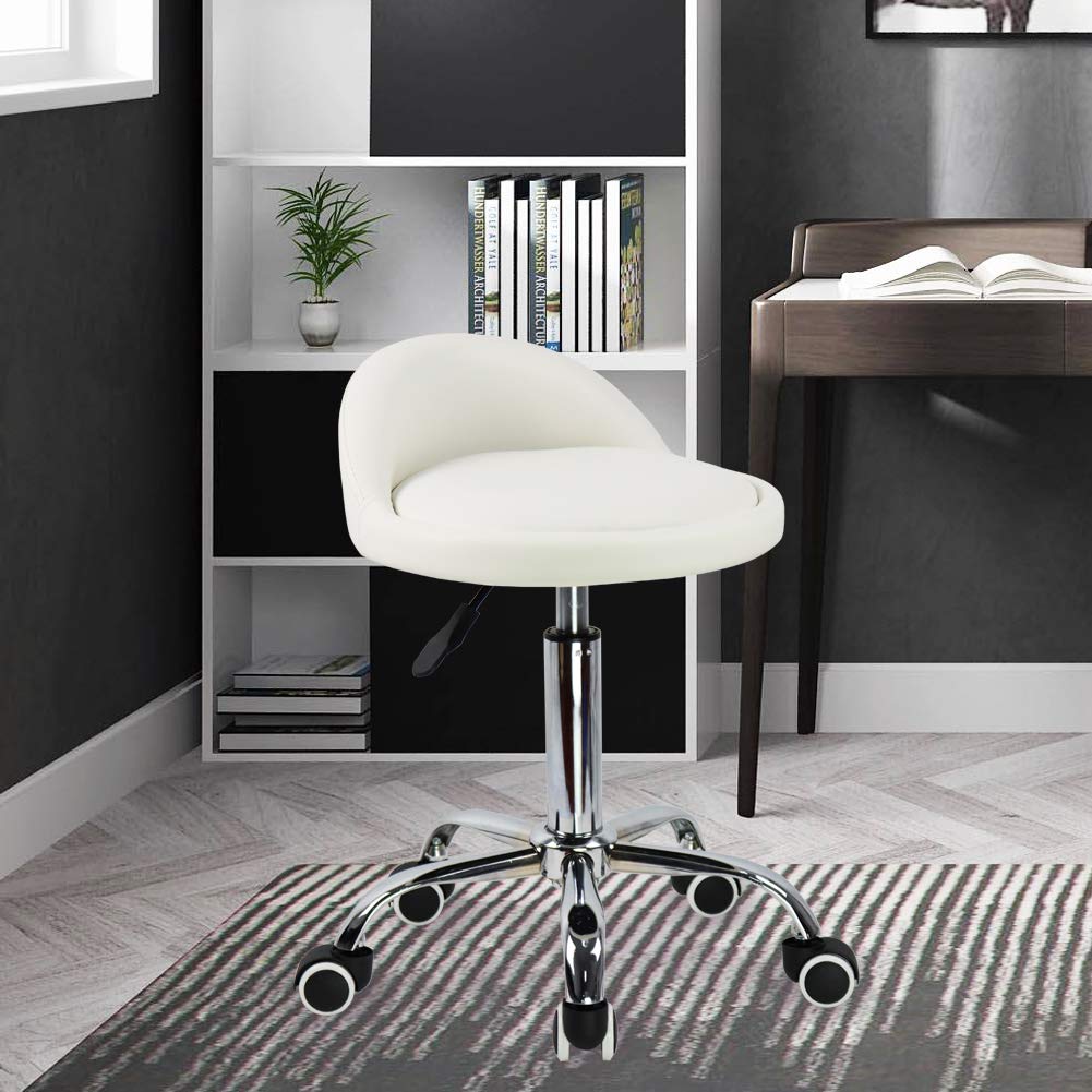 KKTONER PU Leather Round Rolling Stool with Back Rest Height Adjustable Swivel Drafting Work SPA Task Chair with Wheels (White)