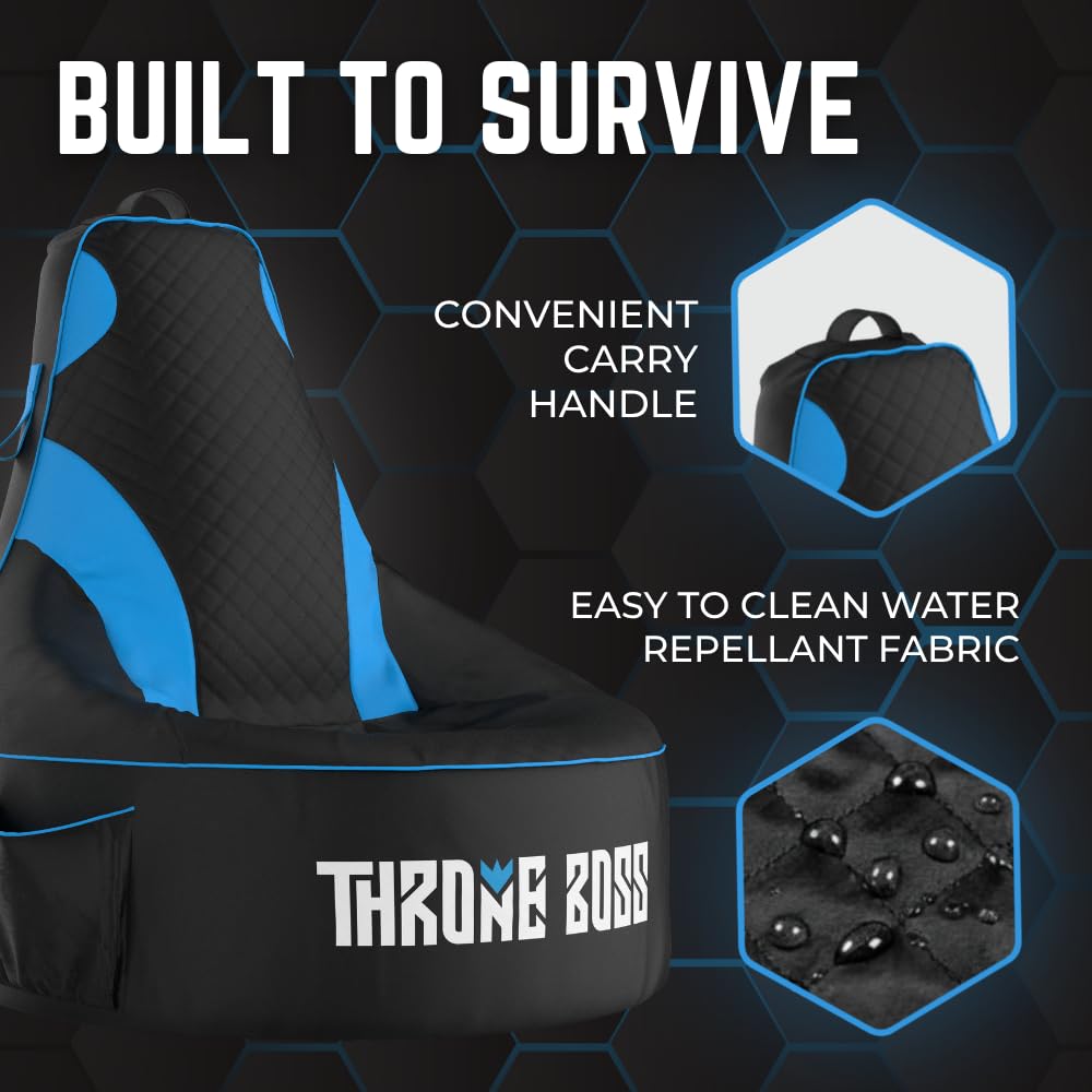 Throne Boss Gaming Bean Bag Chair Cover for Kids with High Back, Blue – Gamer Chair for Kids with 2 x Large Side Pockets, Headphone Hanger, Easy to Clean Fabric, Requires 200 Liters Polystyrene Beans