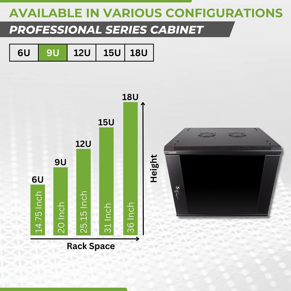 Navepoint 9U Deluxe IT Wallmount Cabinet Enclosure 19-Inch Server Network Rack with Locking Glass Door - Black