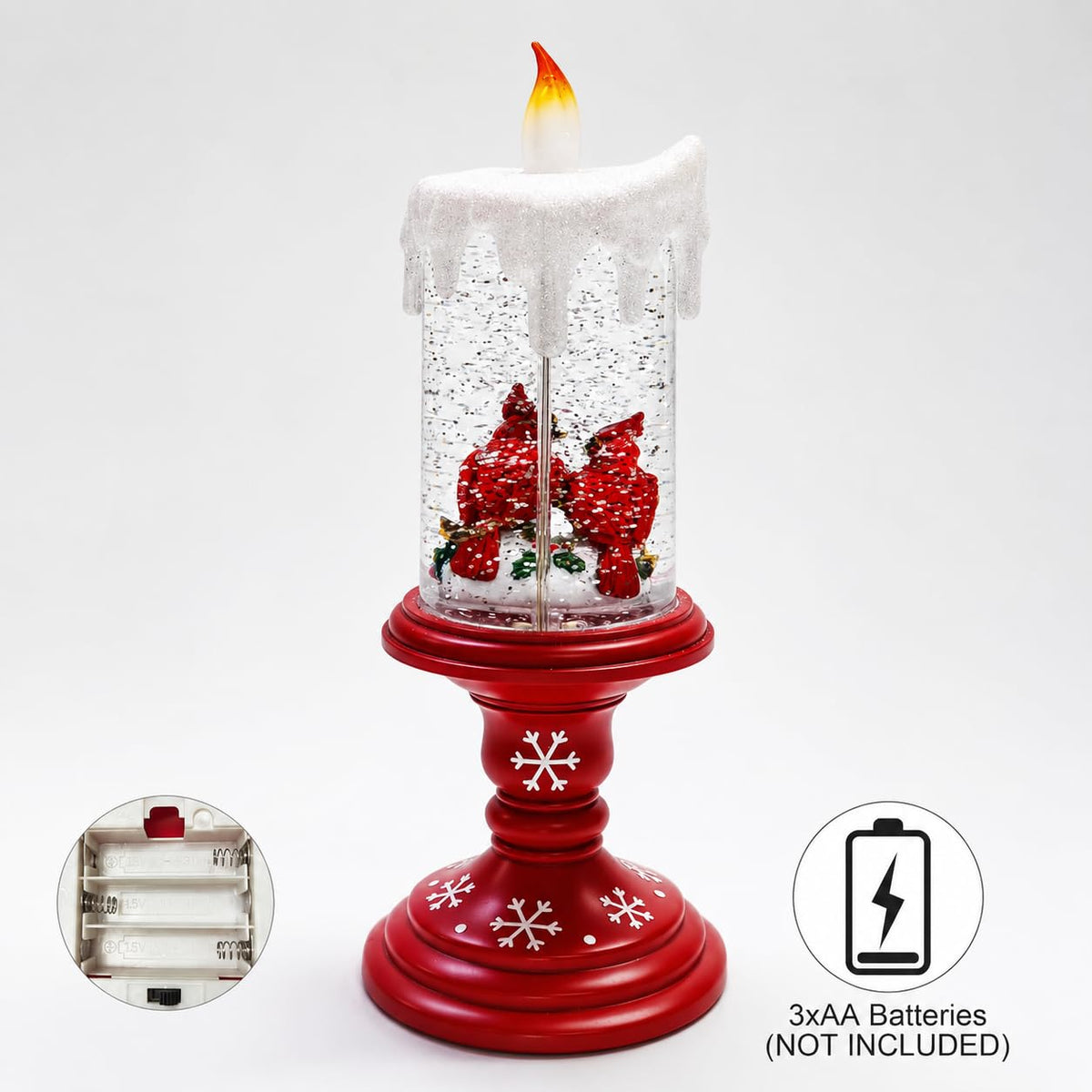 MOMENTS IN TIME LED Lighted Spinning Water Candle with Cardinals 10”H Acrylic Glitter Candle Decor Battery Operated Christmas Decoration Light-Up Holiday Lantern for Home Décor