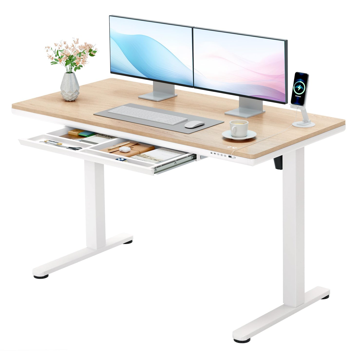 Furmax Electric Standing Desk with Drawers, Adjustable Height Sit Stand Desk with One-Piece Desktop & USB Charging Port for Home Office Computer Desks (Bamboo Desktop, 48 Inch)