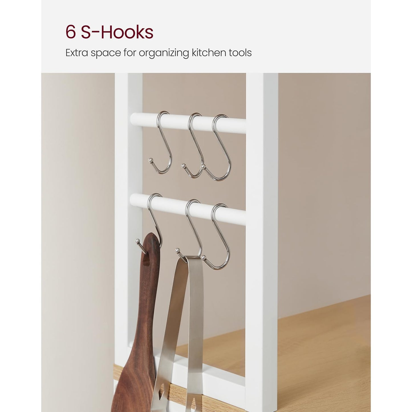 VASAGLE Coffee Bar, 23.6 Inches Baker's Rack for Kitchen with Storage, 6-Tier Kitchen Shelves with 6 Hooks, Microwave Stand, Modern, Golden Oak and Cloud White UKKS024W09