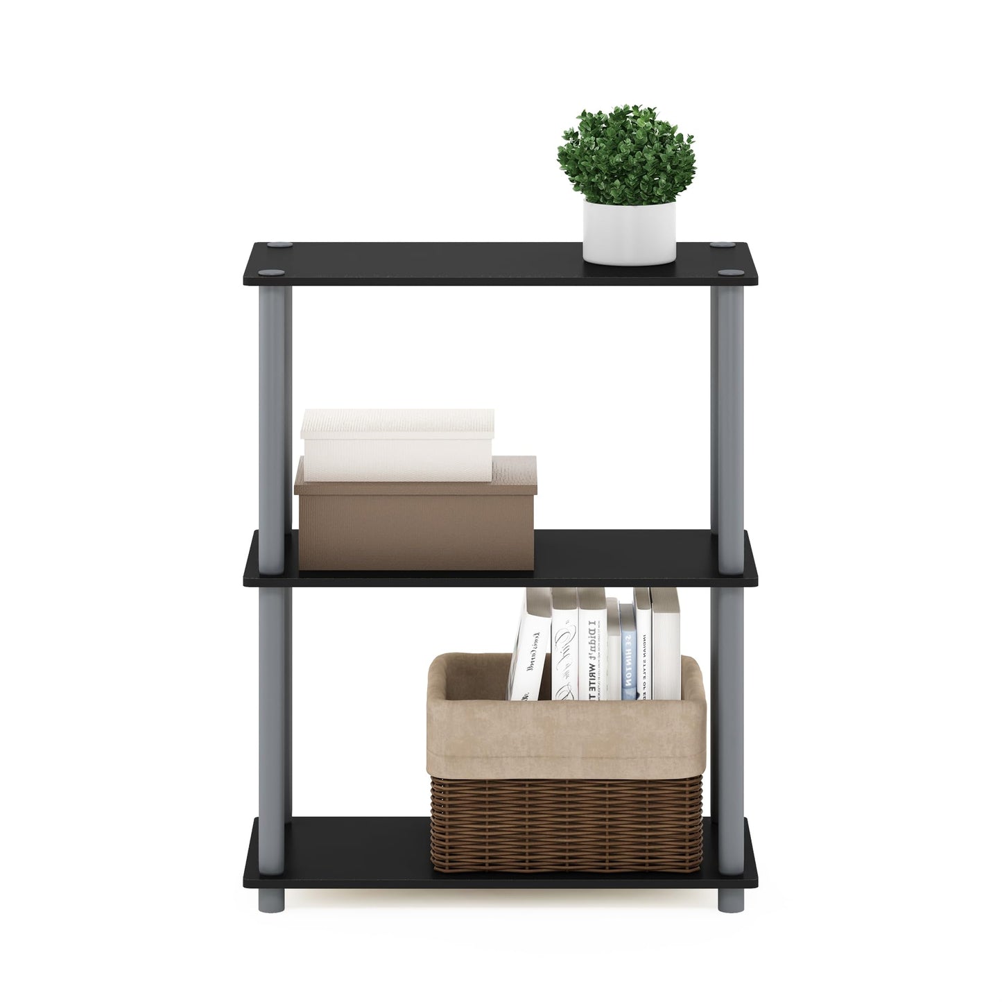 Furinno TURN-N-TUBE Storage Shelves, 3-Tier Book Shelf, Corner Shelf, Toolless Open Shelves, for Organization and Storage, Living Room, Garage, Home Office, Black