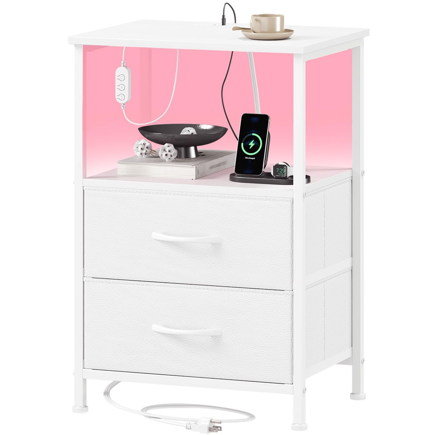 Somdot White Nightstand with Charging Station and LED Light for Bedroom, 2 Drawers Dresser with Fabric Bins for Bedside Kids Dorm Room Closet Laundry Entryway, White Leather