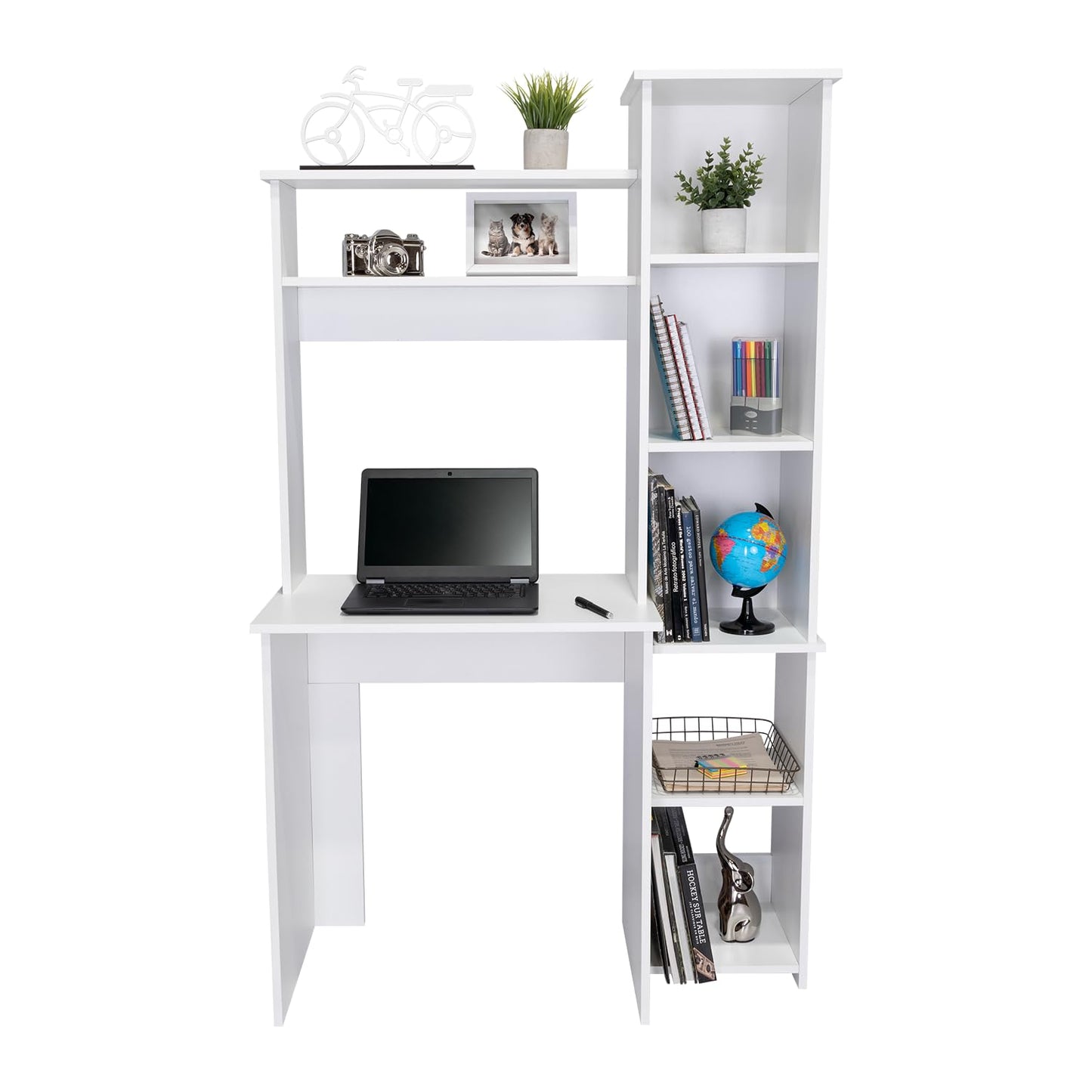 Tuhome Versalles Writing Desk with Two Superior Shelves, Five Side Open Storage Compartments, Space-Saving Modern Workstation Design for Studios and Offices, Ideal for Organization, Books