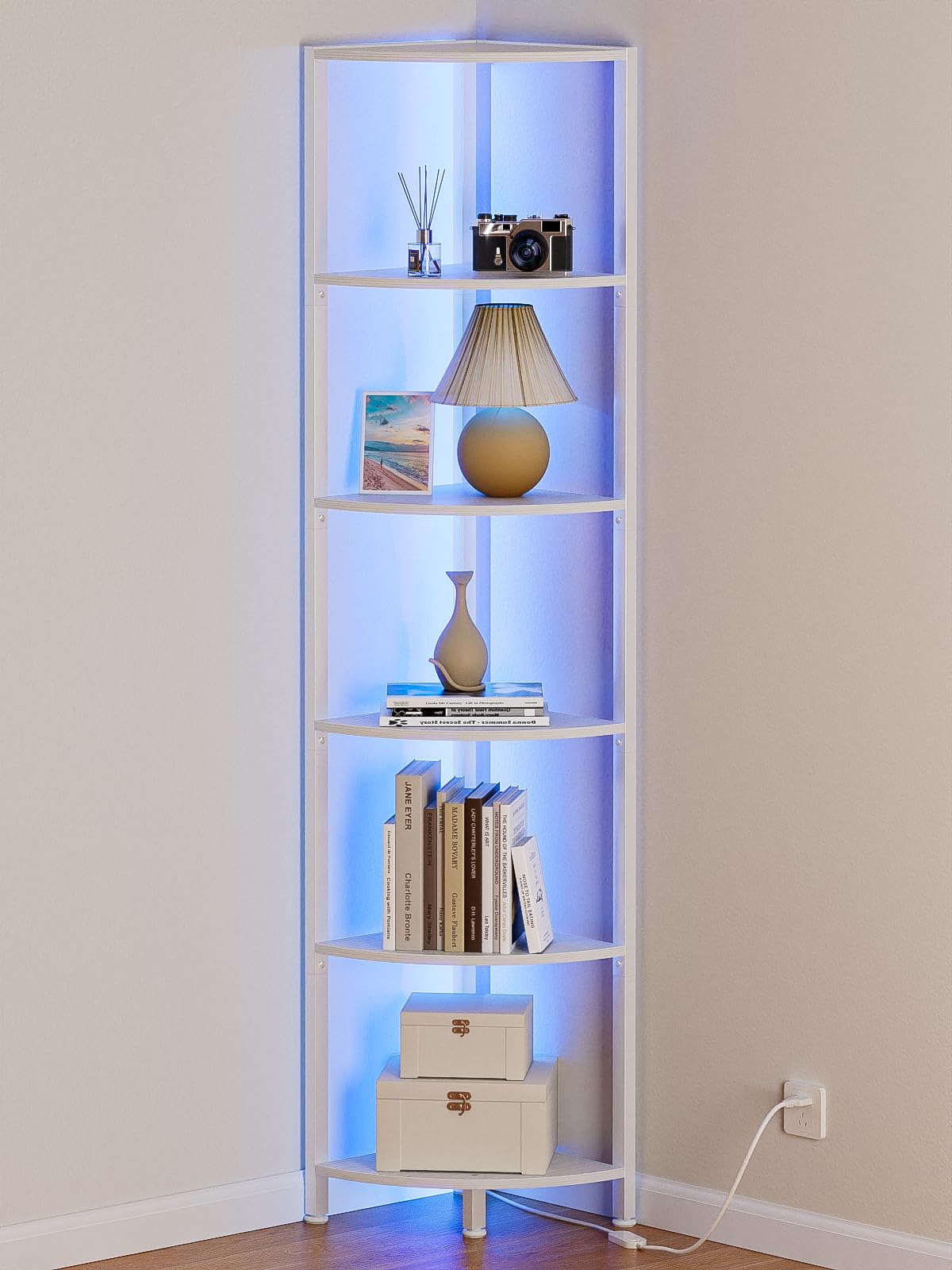 Furnulem 6 Tier Corner Shelf with LED Light, 67.5” Tall Standing Shelf Organizer, White Narrow Bookshelf with Storage Rack for Wall Corner, Living Room, Bedroom, Metal Frame, Wood Display Shelf