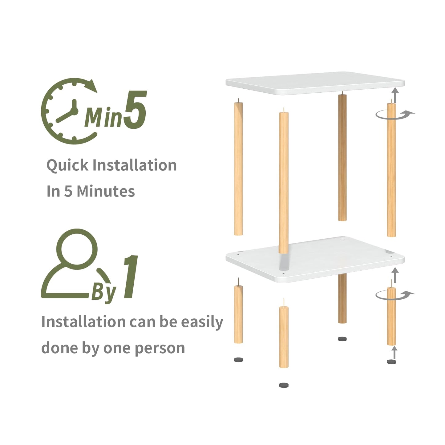 Apicizon 2 Tier End Table, Small Side Table with Solid Wood Legs, Boho Bedside Table with Storage Shelf, Nightstand for Small Spaces, Bedroom, Living Room, Entryway, Easy Assembly, White+Natural