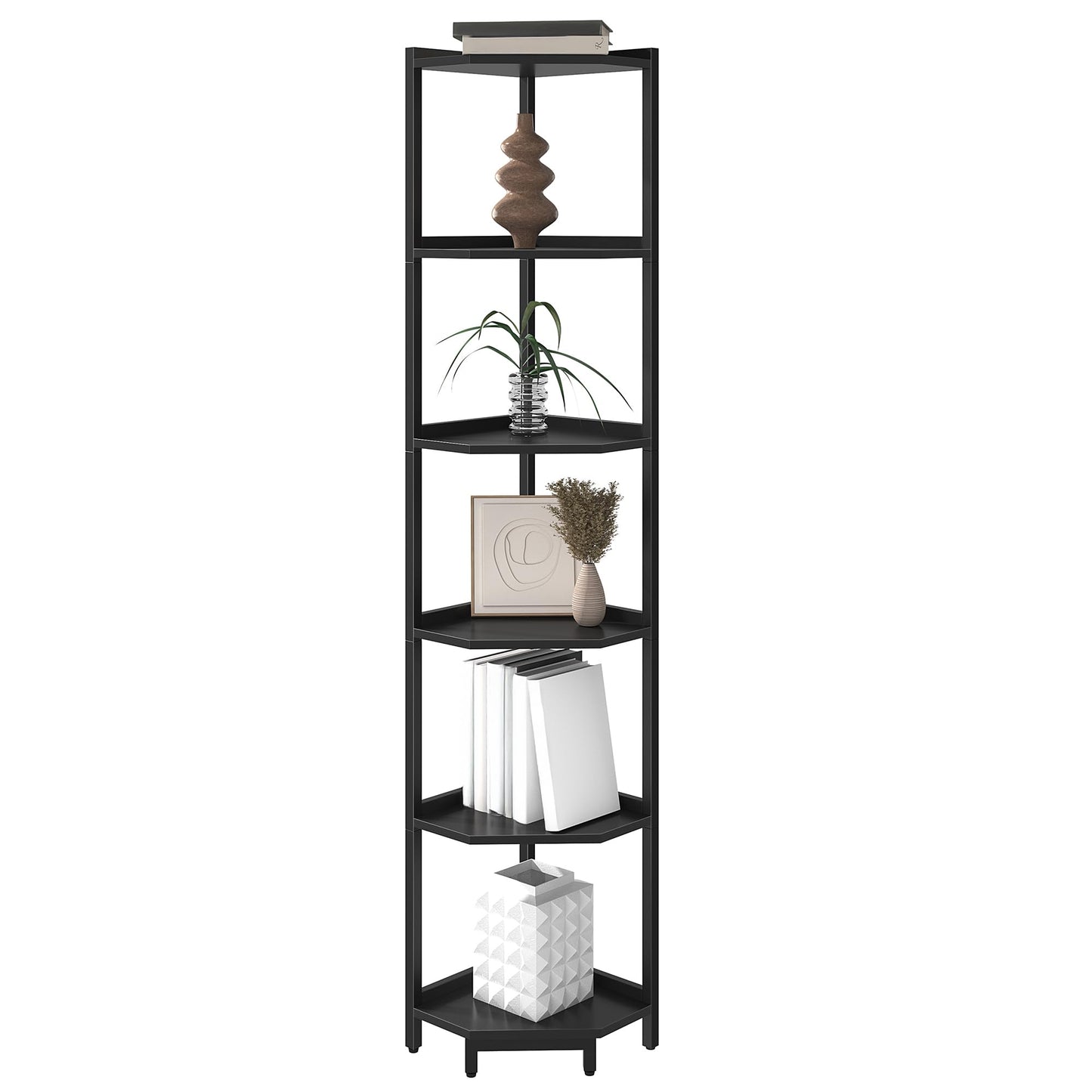 Hzuaneri Corner Shelf Stand, Corner Bookshelf, Storage Standing Shelf Unit with Metal Frame, Plant Stand, Bookcase for Living Room, Home Office, Bedroom, 6-Tier Black CS06006B