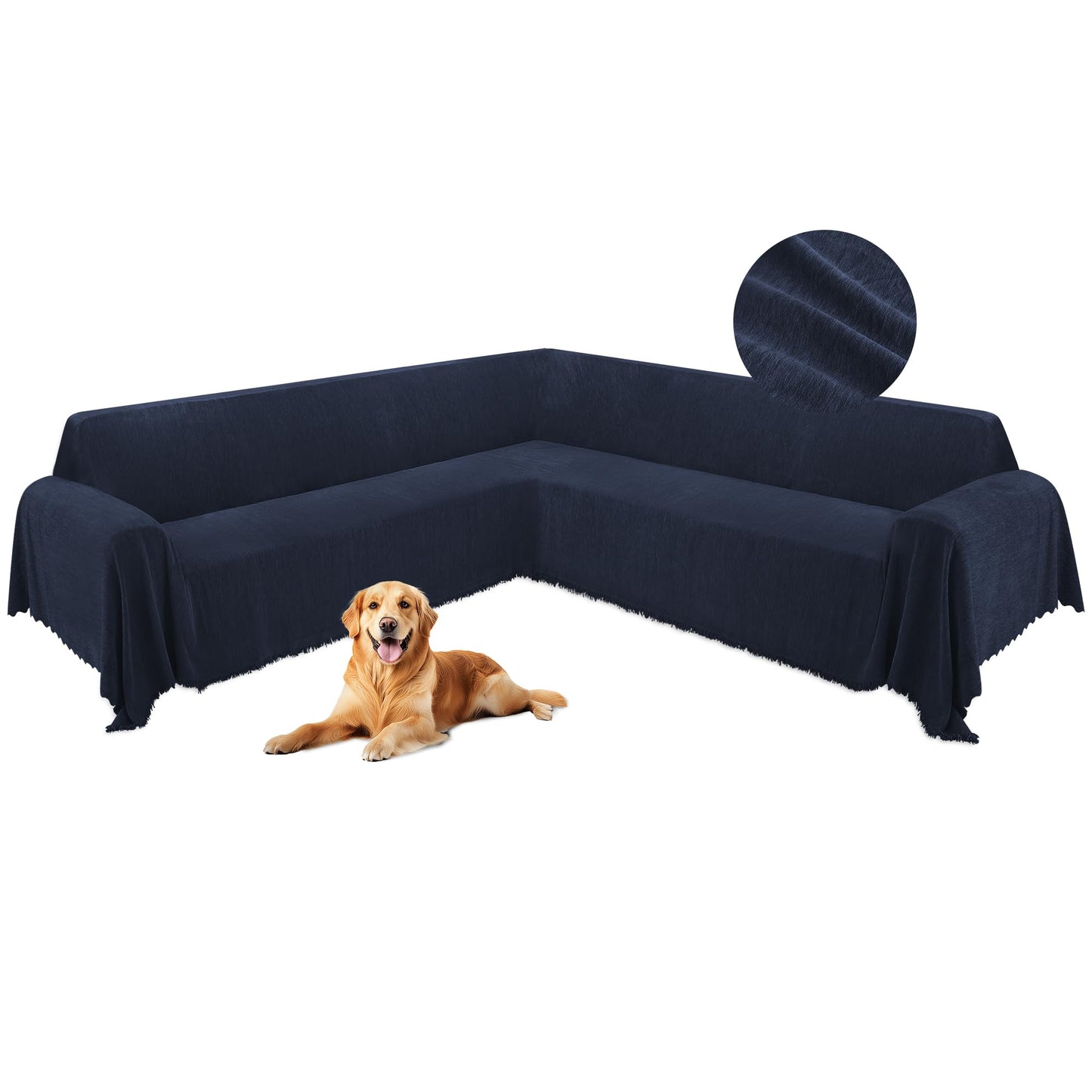 HDCAXKJ Corner Sectional Couch Covers for Dogs L Shape Sofa Cover with Tassel Chenille Super Soft Non Slip U Shaped Couch Cover Blanket Washable Pet Sectional Slipcovers Protector (Navy, 91x276 inch)