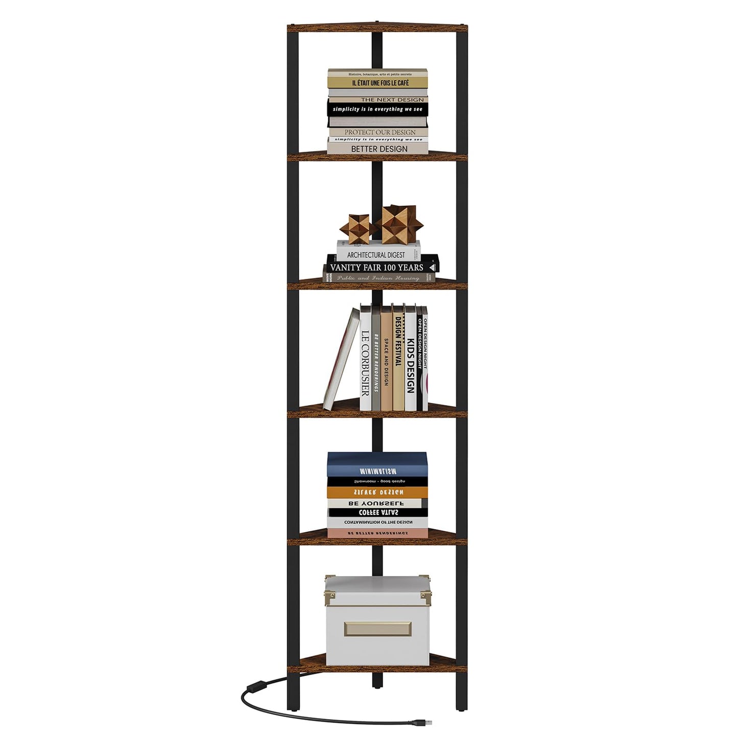 TUTOTAK Corner Shelf with LED Light, 6-Tier Corner Bookshelf for Small Space, Narrow Display Corner Shelf Stand with Storage Rack, for Living Room, Bedroom, Rustic Brown BS05BB006L
