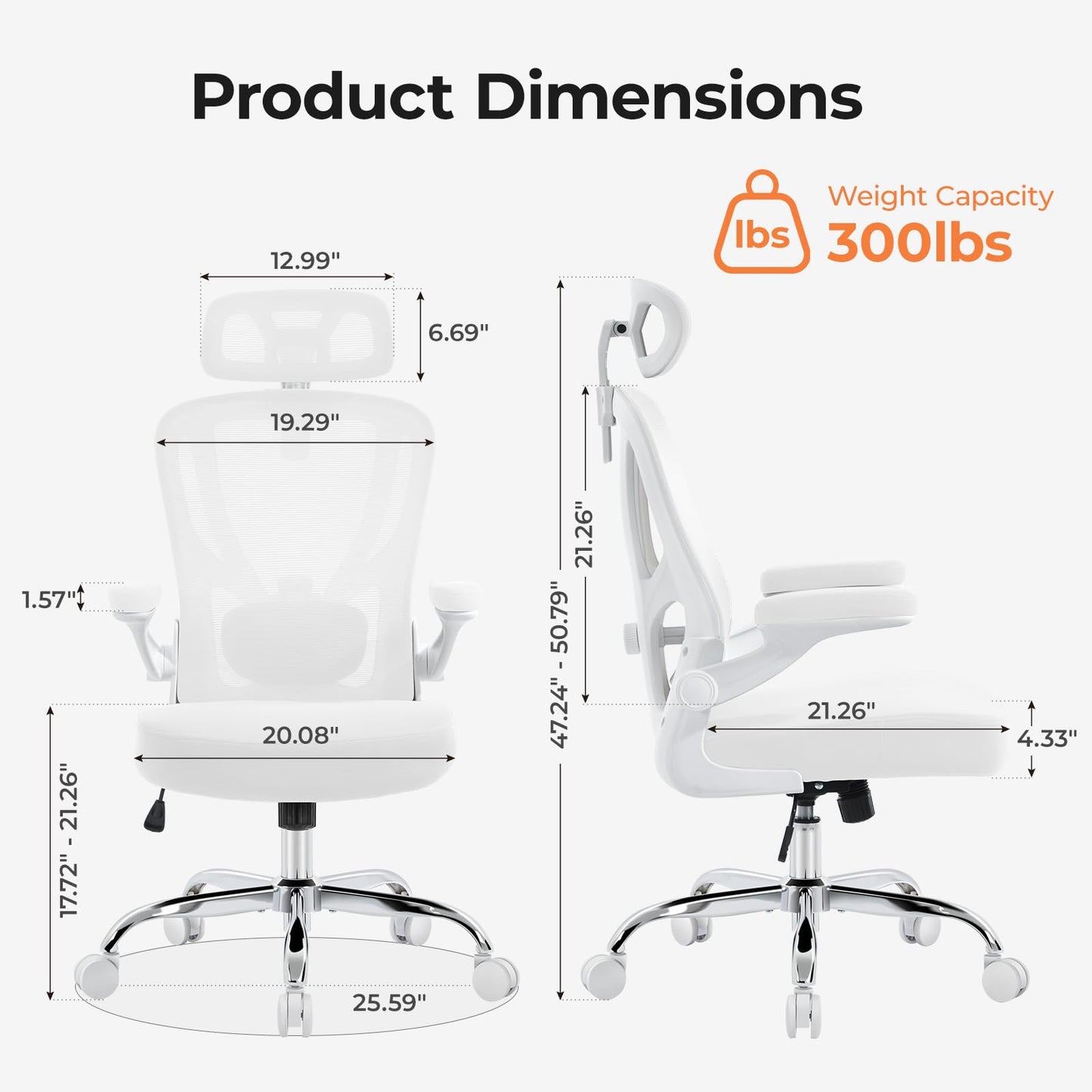 shipborne Office Chair Ergonomic Office Chair with Lumbar Support, Head Support, Rocking Function, FLIP-up Armrests, Mesh High Back Chair Home Office Desk Chair, Suitable for Home, Office, White