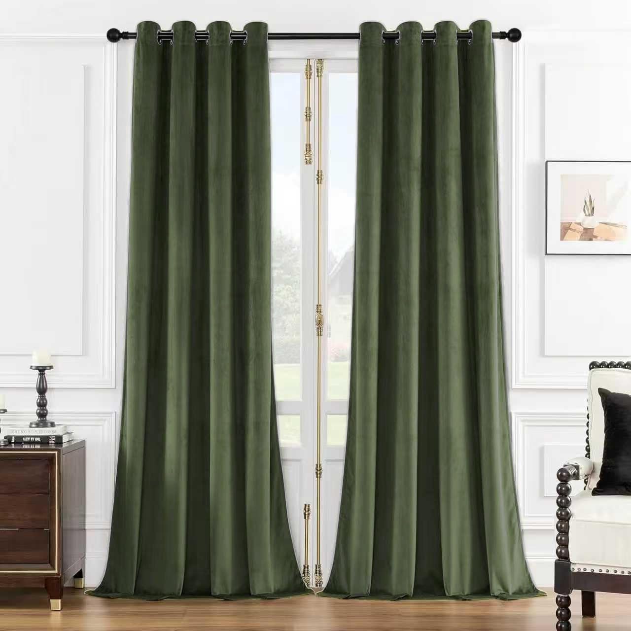 SMILETIME Army Green 84 in Long Velvet Curtains with Grommet, Thermal Insulated Super Soft Privacy Noise Reducing Light Filtering Velvet Curtains for Living Room, 2 Panels, Each 52 x 84 in Long