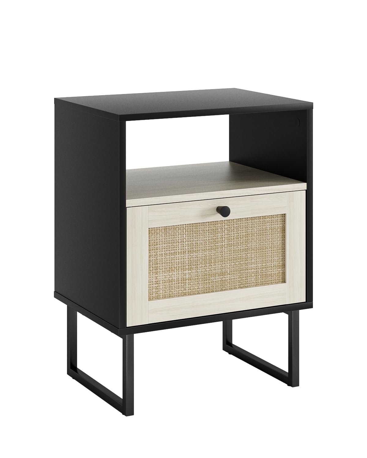 Apetaccat Rattan Nightstand, Boho Night Stand Farmhouse Wood Bedside Table with Storage and Open Shelf, End Side Accent Table for Bedroom,Living Room,Black and Oak