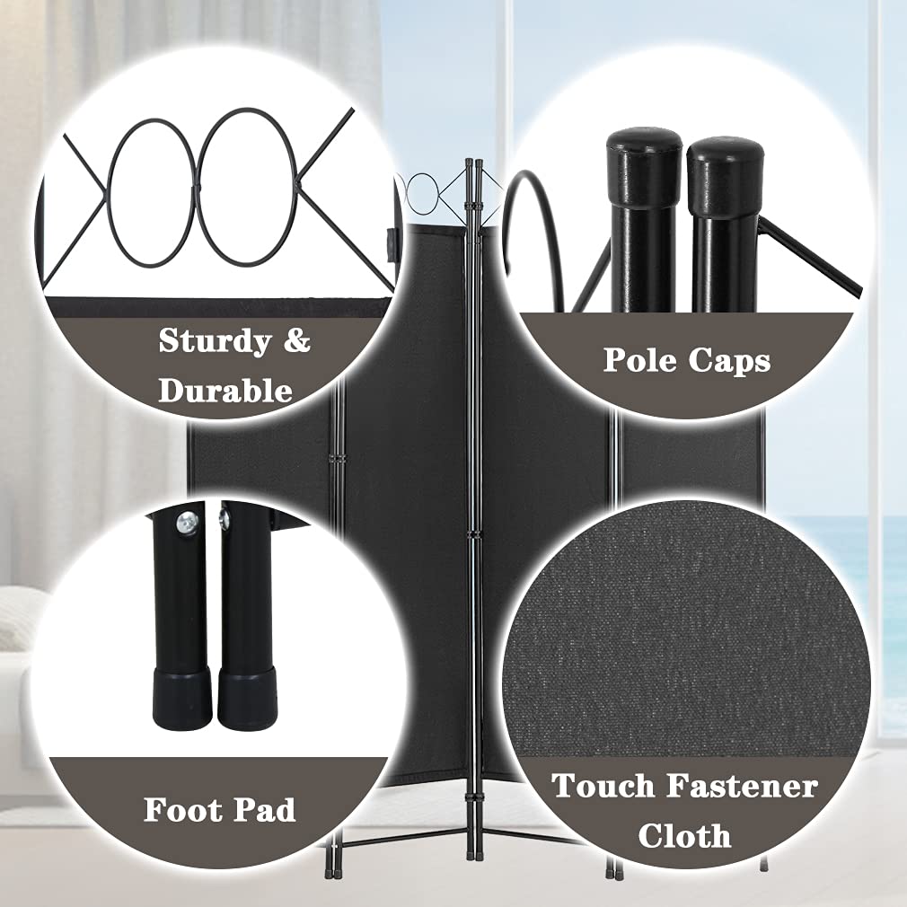 4 Panel Room Divider 5.6FT Steel Frame Screen Folding Privacy Divider Freestanding Partition for Home Office Bedroom, Black