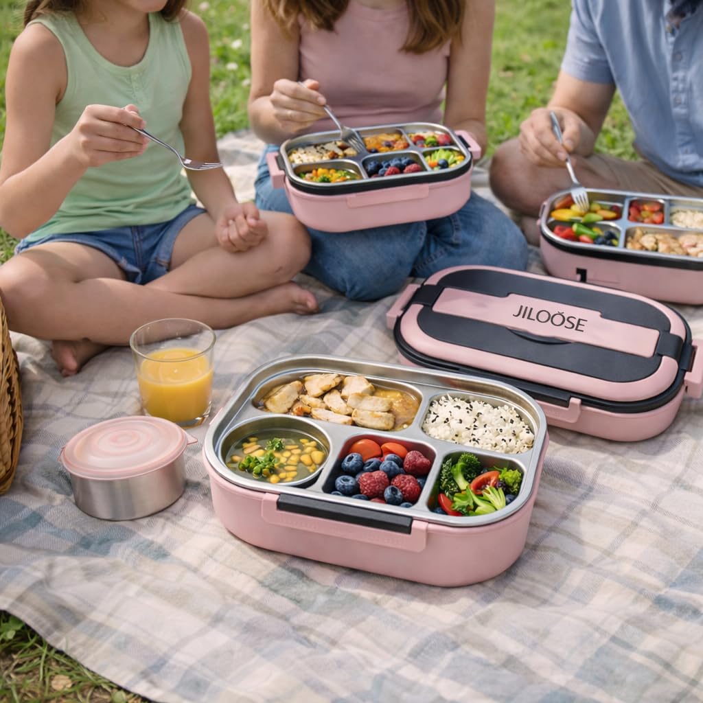 JILOOSE Stainless Steel Bento Box, Leak-Proof, BPA-Free, Dishwasher Safe, 4 Compartments Container School & Travel, Bento Lunch Box for Kids and Adults