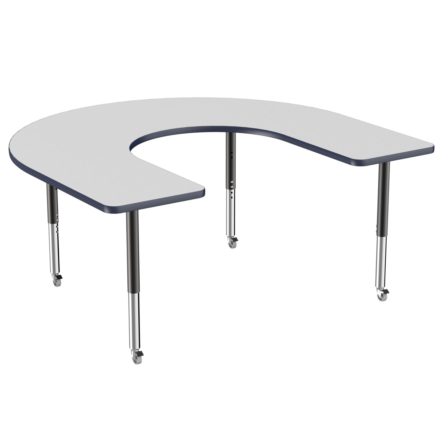 FDP Mobile Horseshoe Activity School and Office Table (60 x 66 inch), Super Legs with Glides and Casters for Collaborative Environments, Adjustable Height 19-30 inches - Gray Top and Navy Edge