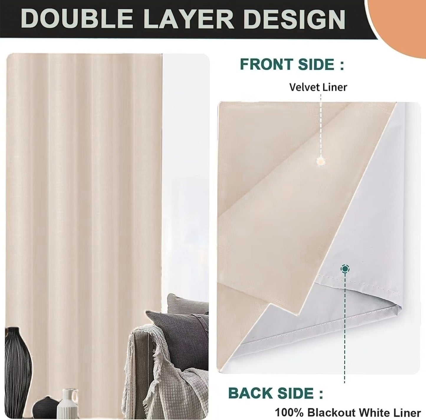 SMILETIME 100% Blackout Cream 52 x 84 in Long Velvet Curtains with Grommet, Thermal Insulated Super Soft Privacy Noise Reducing Velvet Curtains for Living Room Bedroom, 2 Panels