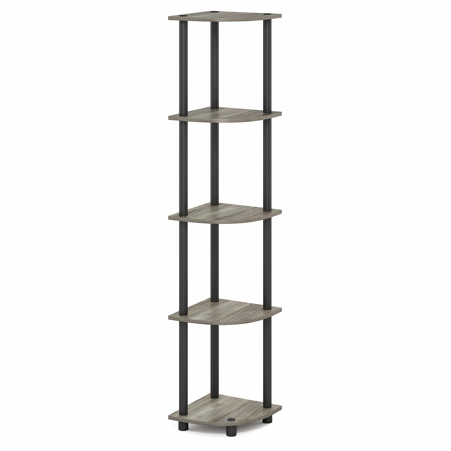 Furinno Turn-N-Tube Corner Shelf, 5-Tier Corner Bookshelf, Open Storage Shelves, for Organization and Storage, Living Room, Home Office, Garage, Bedroom, Grey Oak