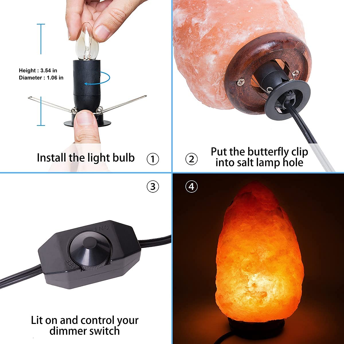 Venforze 2 Packs Himalayan Salt Lamp Cord Replacement with Dimmer Switch and 6 Packs E12 Halogen Salt Lamp Bulbs (5 Feet Cord & Fixed Butterfly Clip)