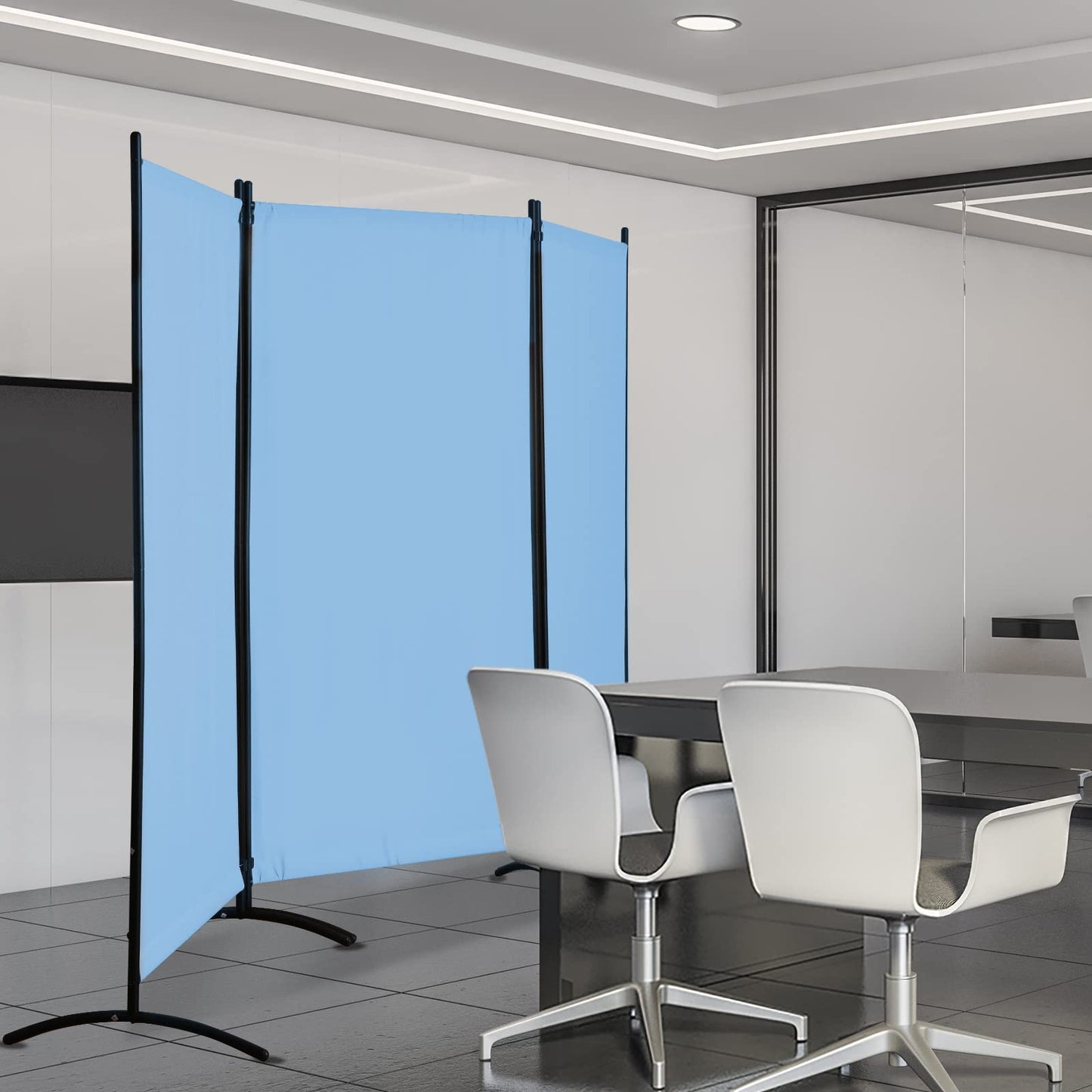 Grezone Large Folding Panel Portable Stand Room dividers Privacy Screen for Bedroom Dining Room Screens Curtains Partition Home Office Dorm Separation (Blue, Three Panel)