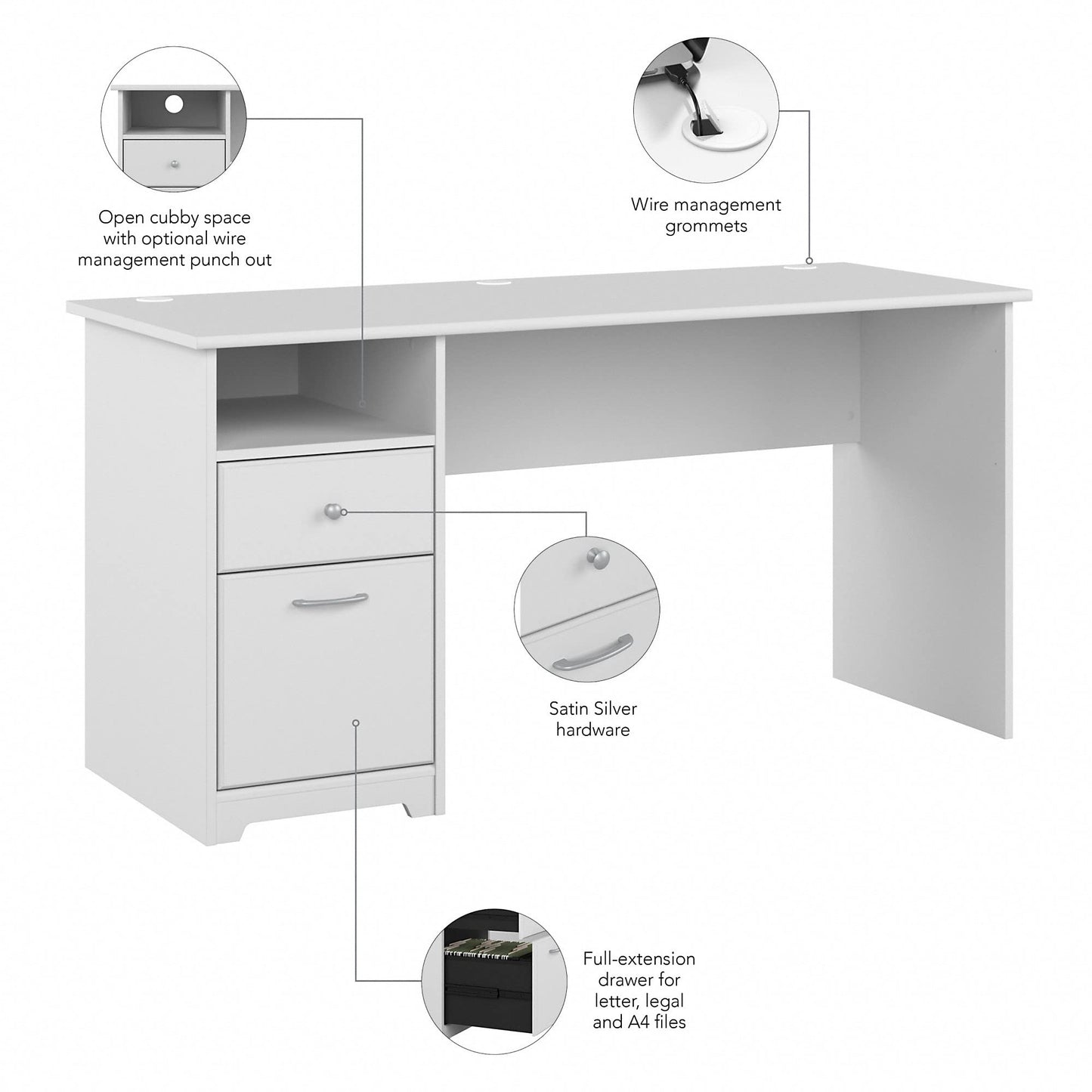 Bush Furniture Cabot 60W Office Desks for Home Office with Storage and Chrome Hardware, Elegant Computer Table with Drawers, White