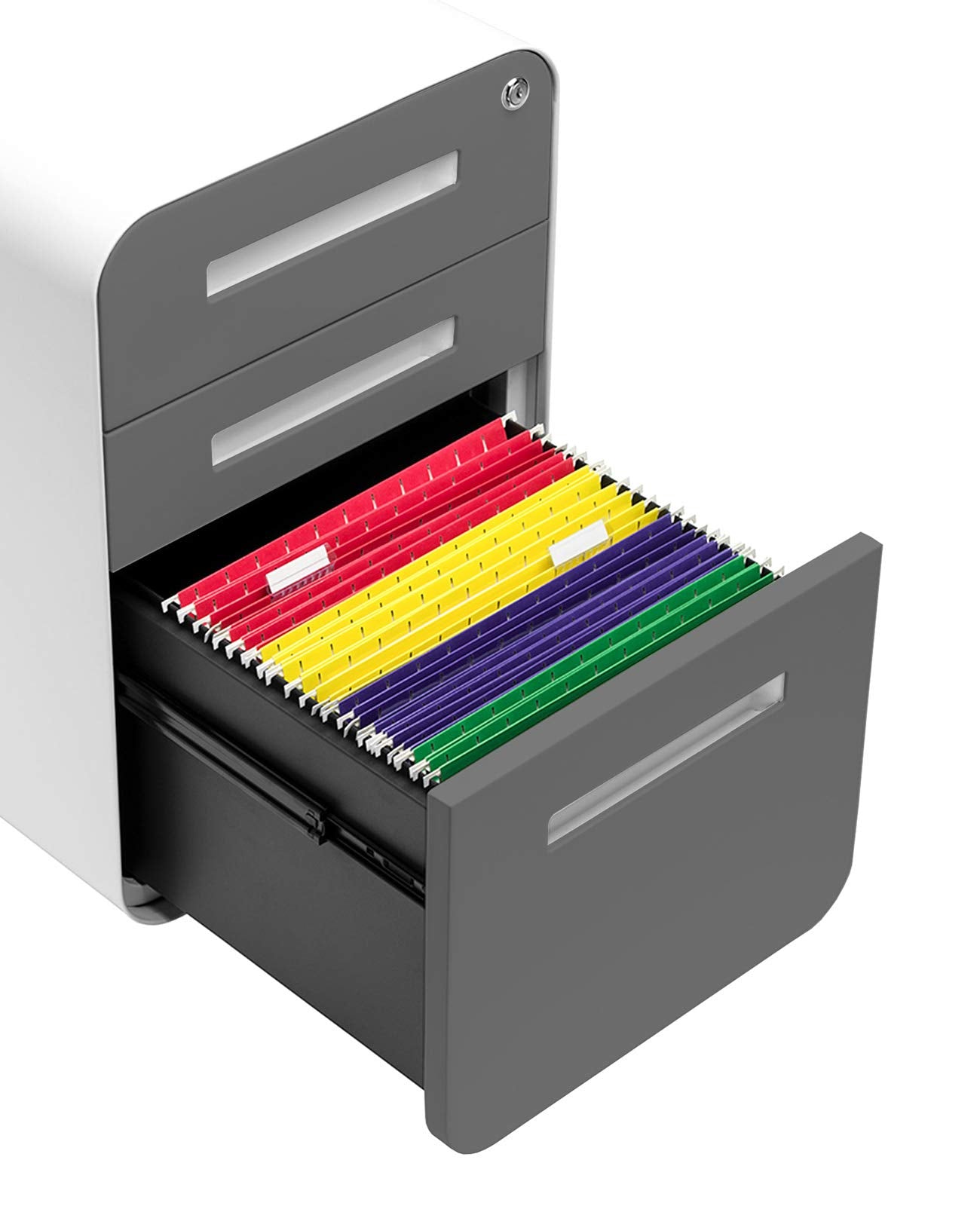 Laura Davidson Furniture Stockpile 3 Drawer File Cabinet with Lock - Under Office Desk Metal Filing Cabinet, Legal/Letter File Folders, Wheels and Stationary Feet, Pre-Assembled, Dark Grey Faceplate