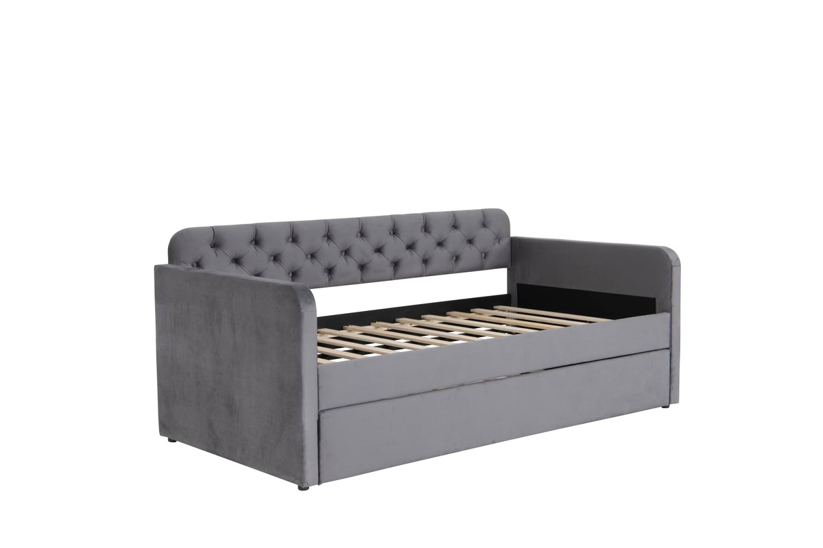 Acosure Twin Size Velvet Upholstered Daybed with Trundle and USB Charging Design,Bed Frame W/Fabric-Tufted Linen Backrest,for Bedroom,Guest Room,Apartment,Dark Grey