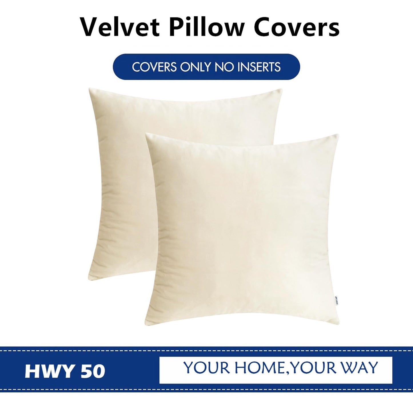 HWY 50 Cream White Velvet Throw Pillow Covers 18x18 Inch, Pack of 2 Soft Cozy Solid Decorative Luxury Cushion Cases for Couch Sofa Bed Living Room Bedroom