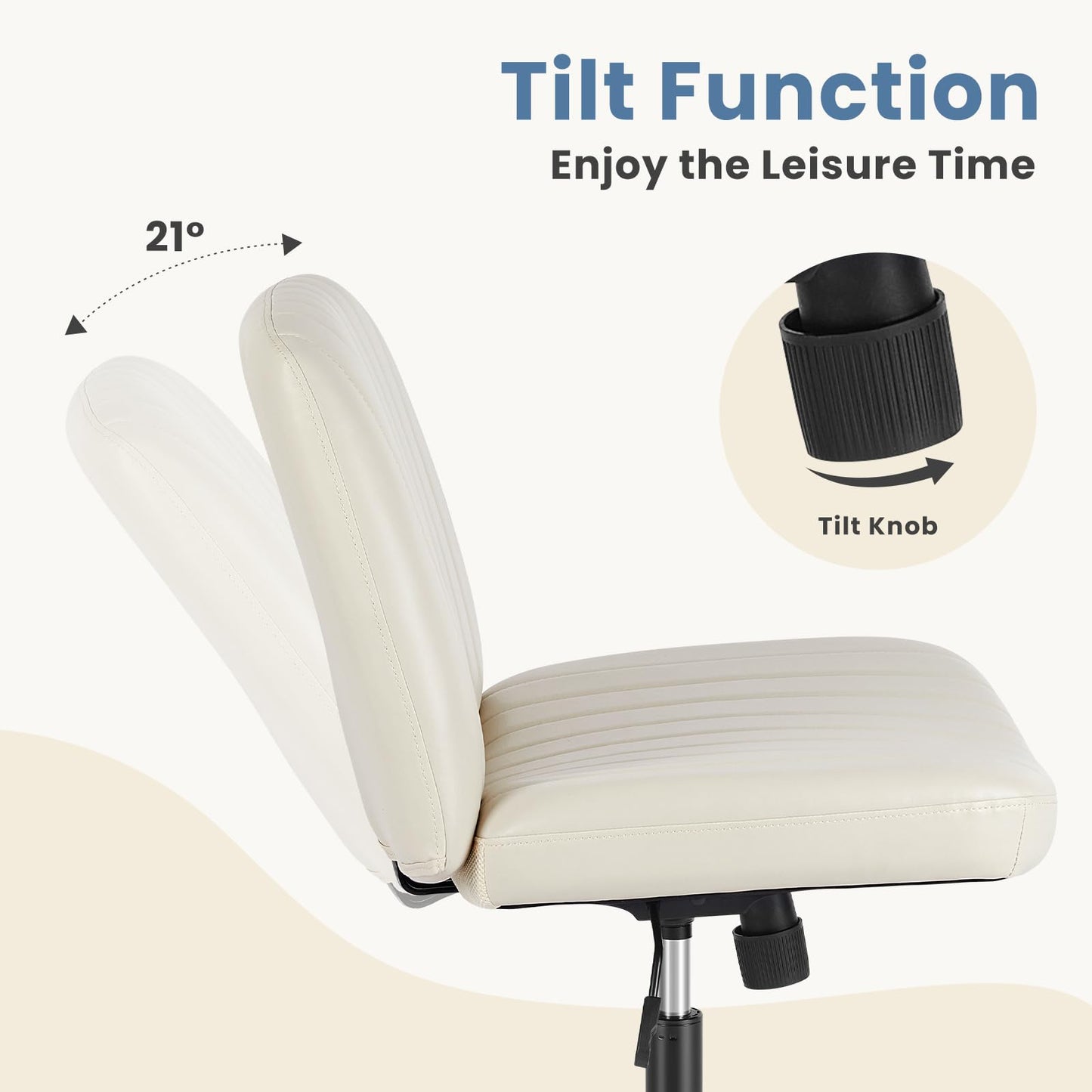 DUMOS Criss Cross Chair No Wheels, Wide Seat Cross Legged Office Desk Vanity Chair, Faux Leather Armless Height Adjustable Swivel Task Computer Chairs for Home, Study, Beige PU