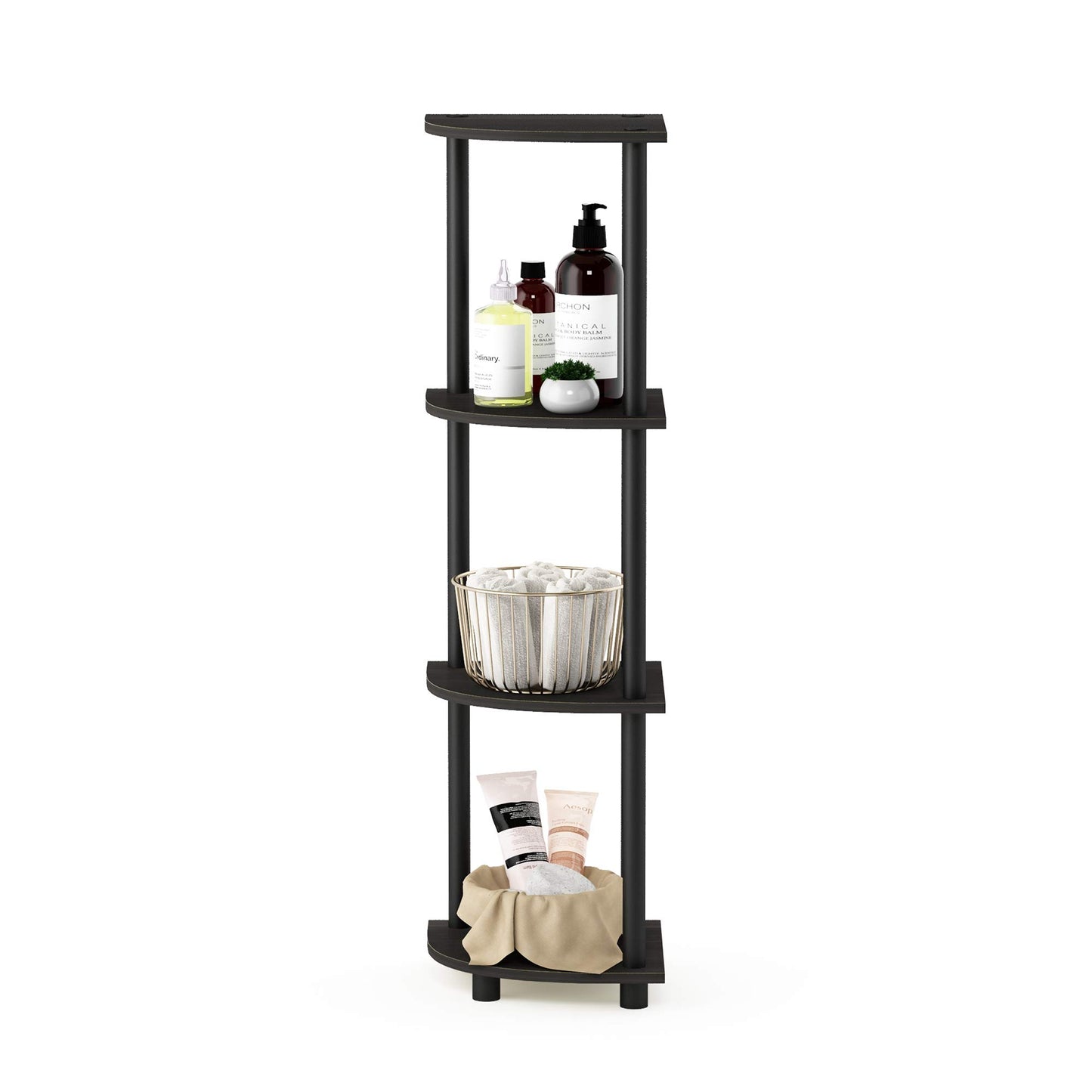 Furinno TURN-N-TUBE Corner Shelf, 4-Tier Corner Bookshelf, Display Storage Shelves with Open Shelves, for Organization and Storage, Living Room, Home Office, Garage, Espresso