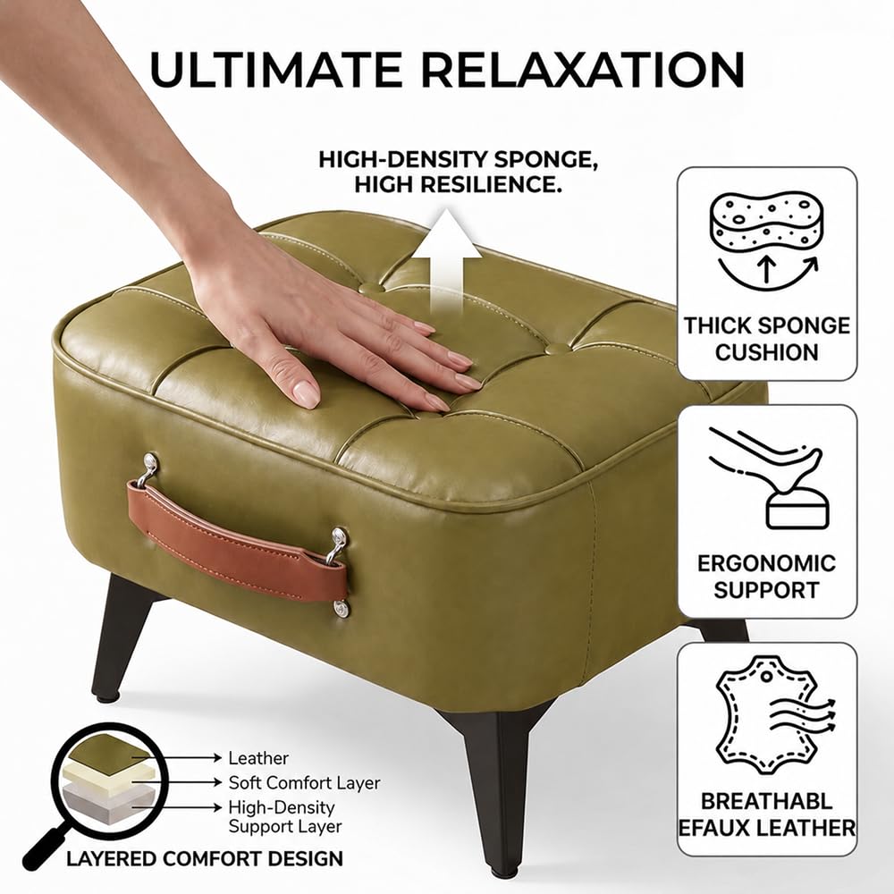 Vintage Style Faux Leather Ottoman Footstool - Wooden Frame, Upholstered Interior, Multi-Use Footrest for Living Room, Entryway, Office (Azure Green)