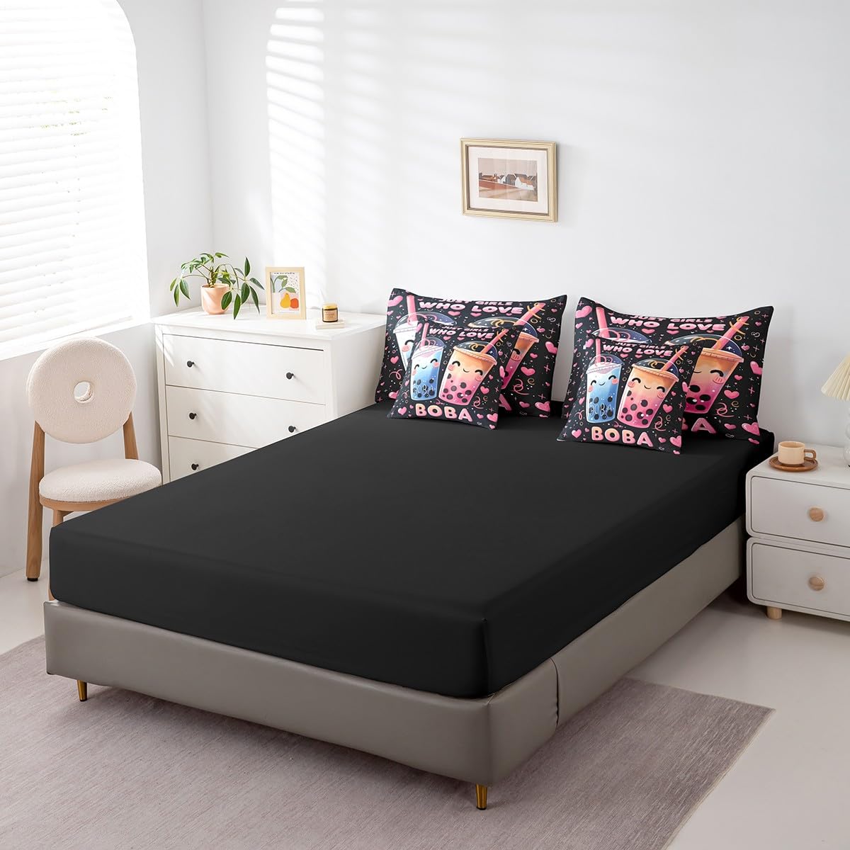 Erosebridal 7 Piece Boba Tea Queen Bedding Set,Bubble Tea Bed Set Cute Boba Gifts for Kids Teen Girls,Funny Food Theme Comforter Set Kawaii Anime Bed in a Bag with Fitted+Flat Sheet,Pillowcases