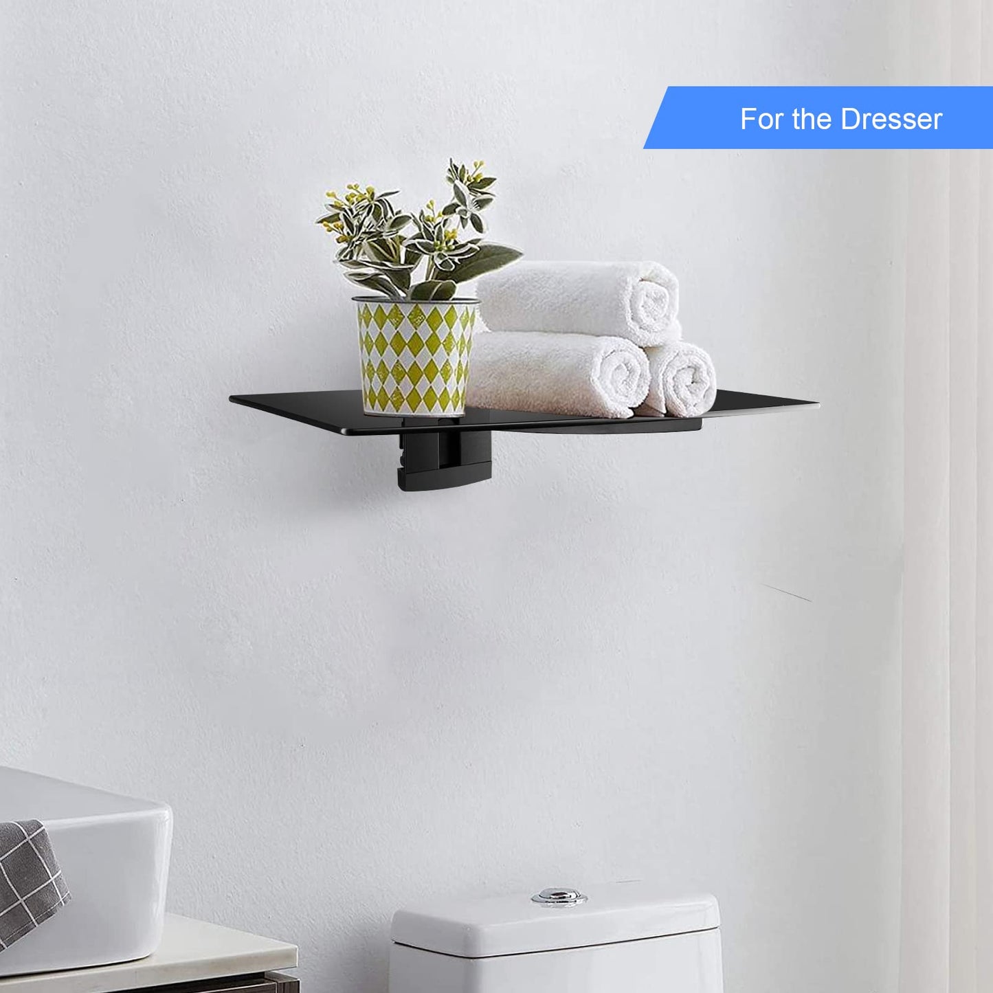 suptek Glass Floating Shelf, 1 Tier Media Shelf for TV Accessories, Flat Black Wall Mount Bracket, 17.6lbs Weight Capacity, Quick Installation, Cable Management, Custom Style, Backless