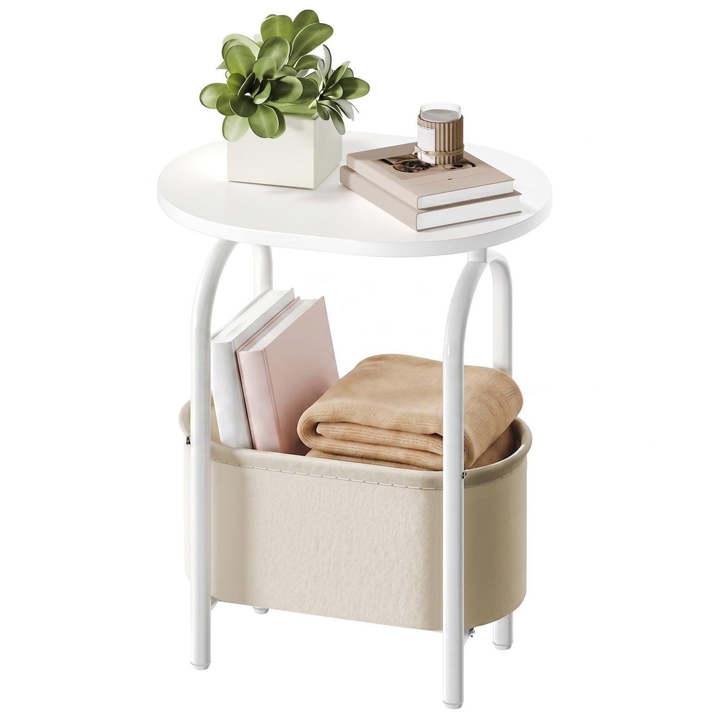 RALGEND Small Round Side Table with Fabric Basket Storage, Oval End Table for Small Spaces, Modern Coffee Bedside Table, Couch Side Table for Living Room, 15.7" X 11.8" X 24", White and Beige 8601BZWT