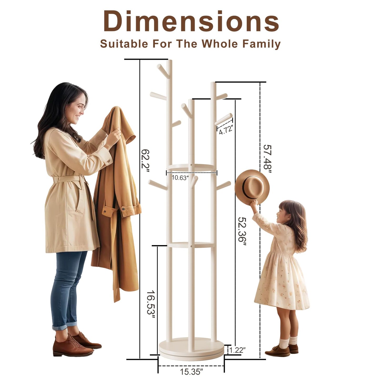 Muwuele Solid Wood Rotary Coat Rack, Freestanding Coat Rack with 3 Shelves and 9 Hooks, Coat tree for Bedroom, Entryway, Livingroom, Coat Hanger Stand for Coats, Scarves, Handbags (White)