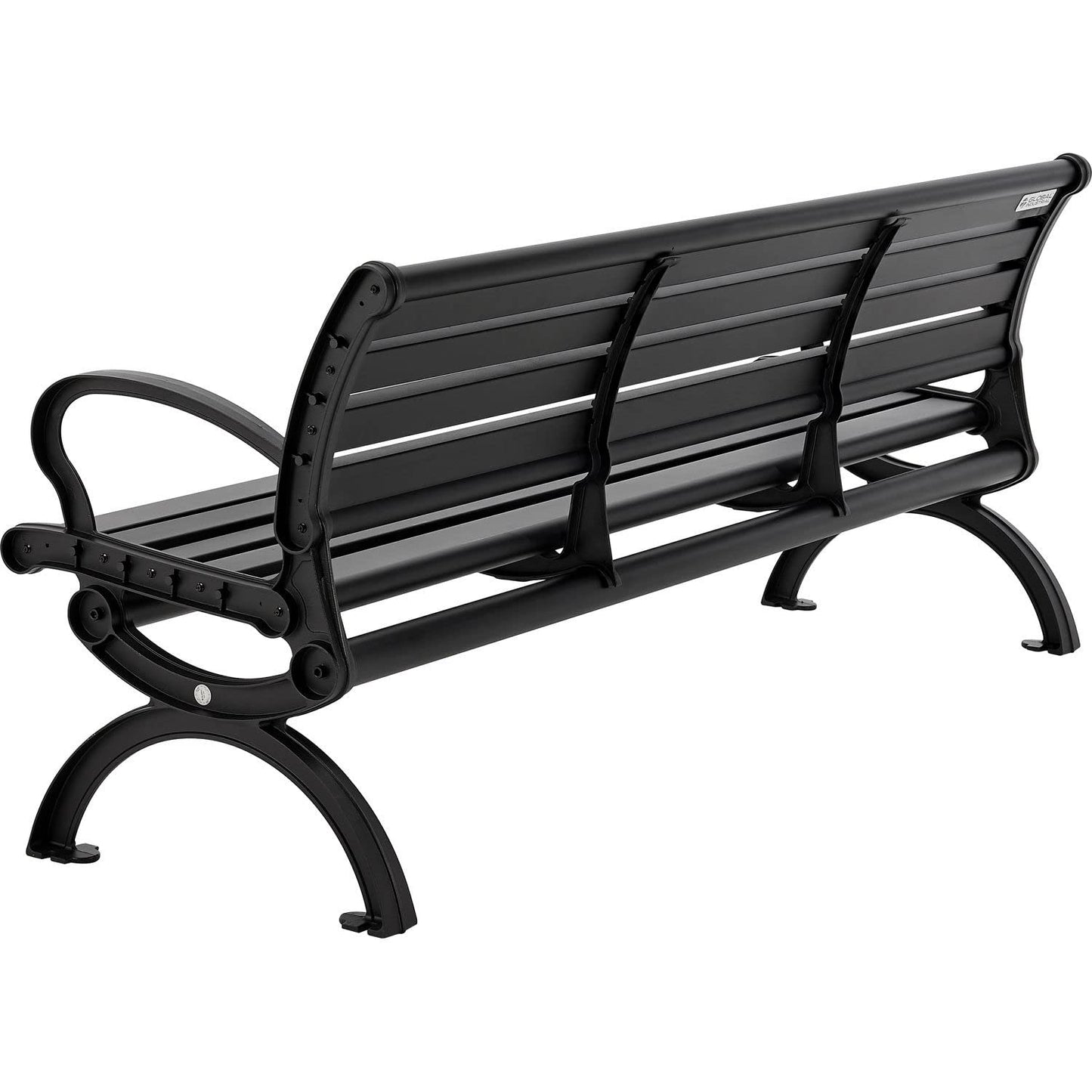 Global Industrial 6'L Outdoor Park Bench with Backrest, Horizontal Slats, Aluminum, 1100 lbs Capacity, Powder Coated Black Finish, Unassembled, Commercial Seating