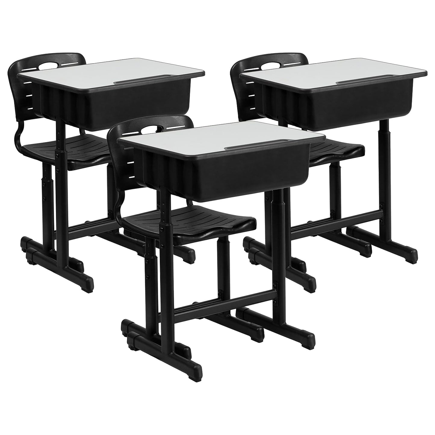 Flash Furniture Nila Set of 3 Adjustable Height Student Desks and Chairs with Black Pedestal Frames