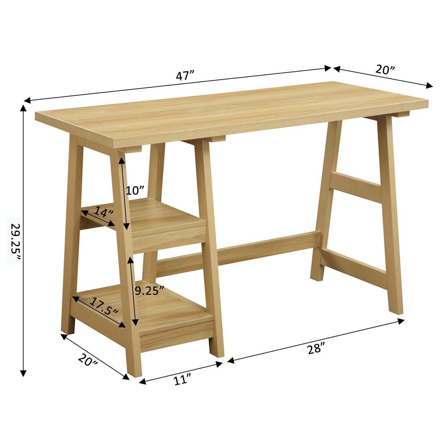 Convenience Concepts Designs2Go Trestle Desk 47" - Modern Desk or Vanity with Shelves, for Office, Den, Dorm, Living Room, Light Oak