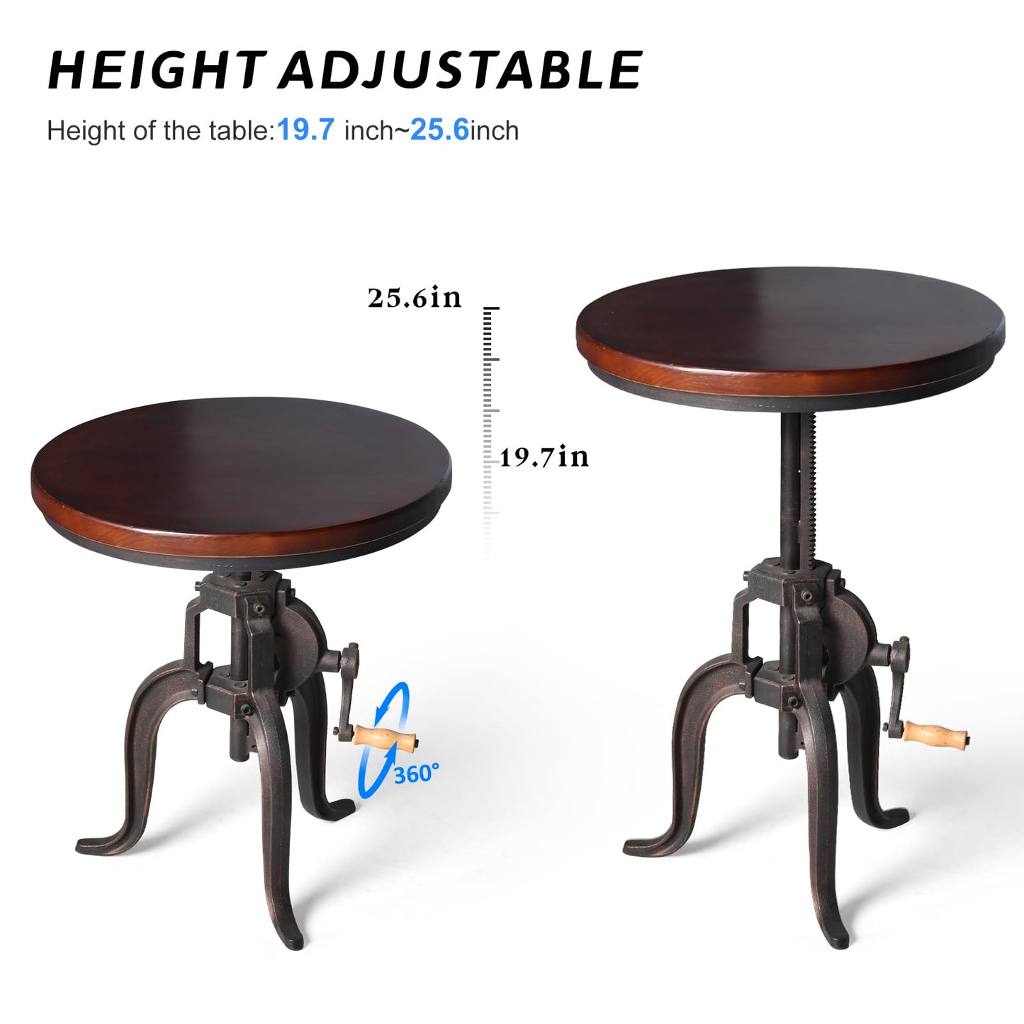 Topower Industrial Retro Side Table Antique Mechanic Crank Height Ajustable Black Walnut Wood Top Three-Legged Farmhouse Accent End Table Copper