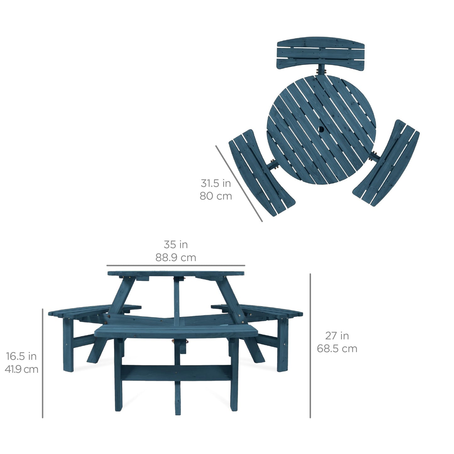 Best Choice Products 6-Person Circular Outdoor Wooden Picnic Table for Patio, Backyard, Garden, DIY w/ 3 Built-in Benches, 500lb Capacity - Harbor Blue