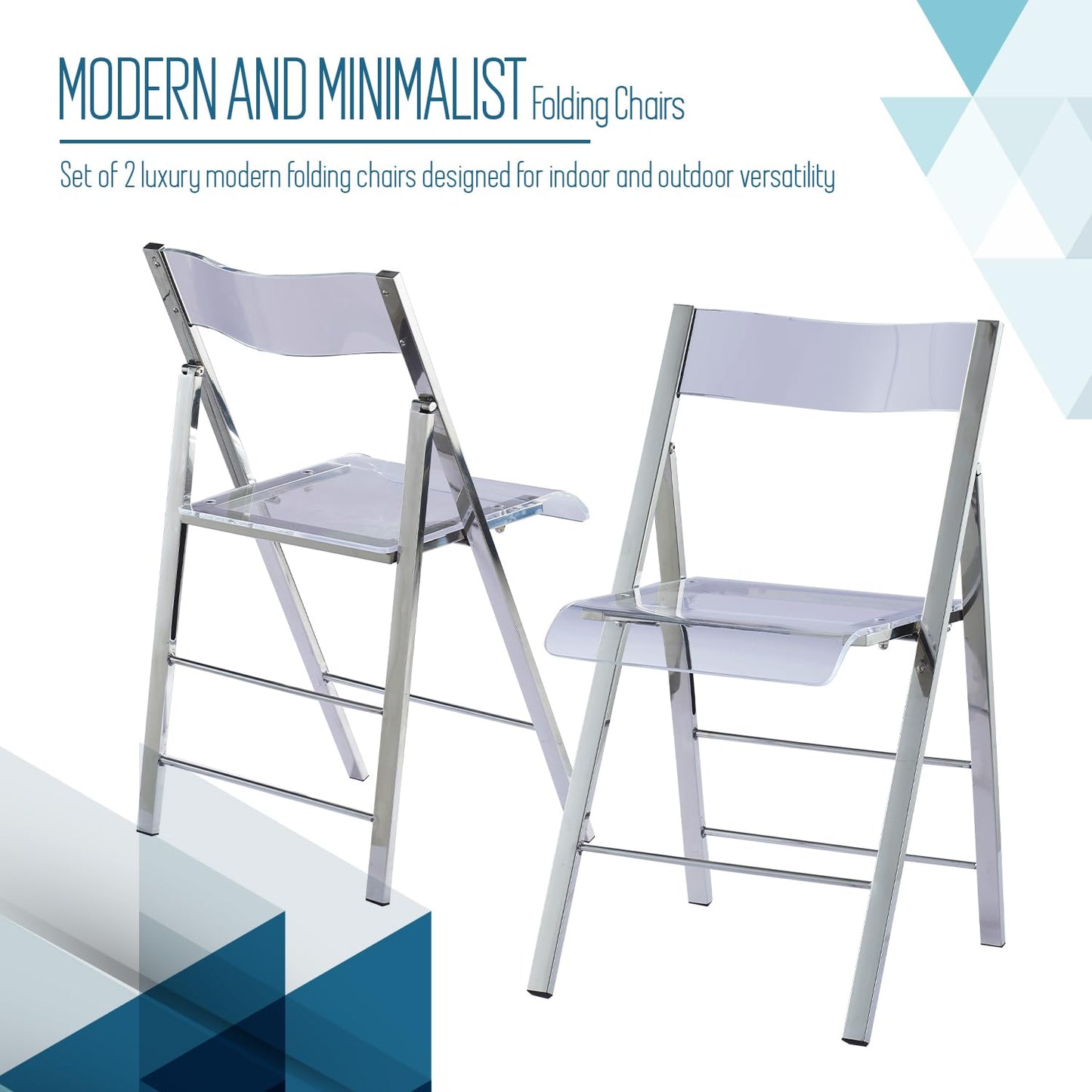 ISL Furnishings Kasper Flex Modern Acrylic Folding Chairs – Foldable Transparent Clear Lucite Chair with Chromed Steel Frame for Indoor, Outdoor, Dining, Desk, Office, Vanity – Silver, Set of 2