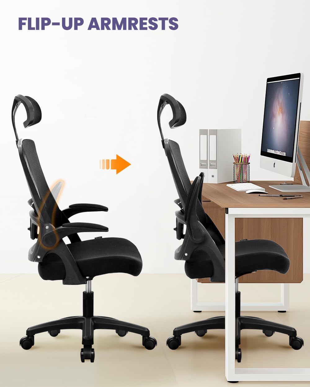NEO Chair Office High Back Mesh Headrest Adjustable Height and Ergonomic Design Home Office Computer Desk Executive Lumbar Support Padded Flip-up Armrest Swivel Chair (Black)