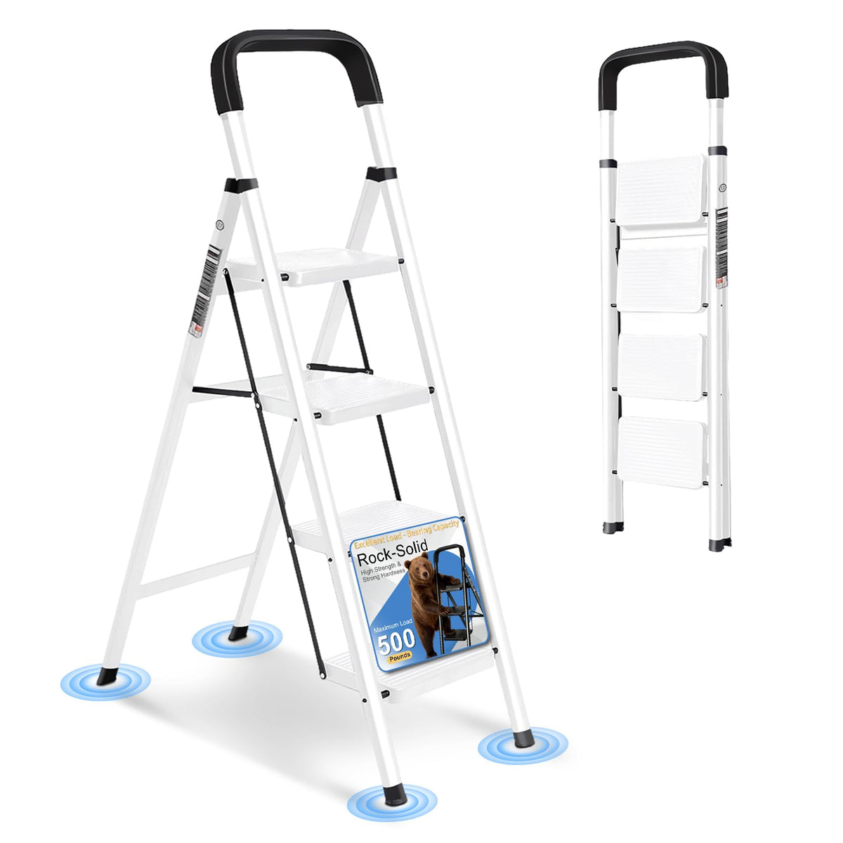 JaxShark 4 Step Ladder Folding Step Stool with Handrail 500LBS Capacity Sturdy Carbon Steel Frame Anti-Slip Pedal & Feet Portable for Home Kitchen Garage Bathroom (white-4step)