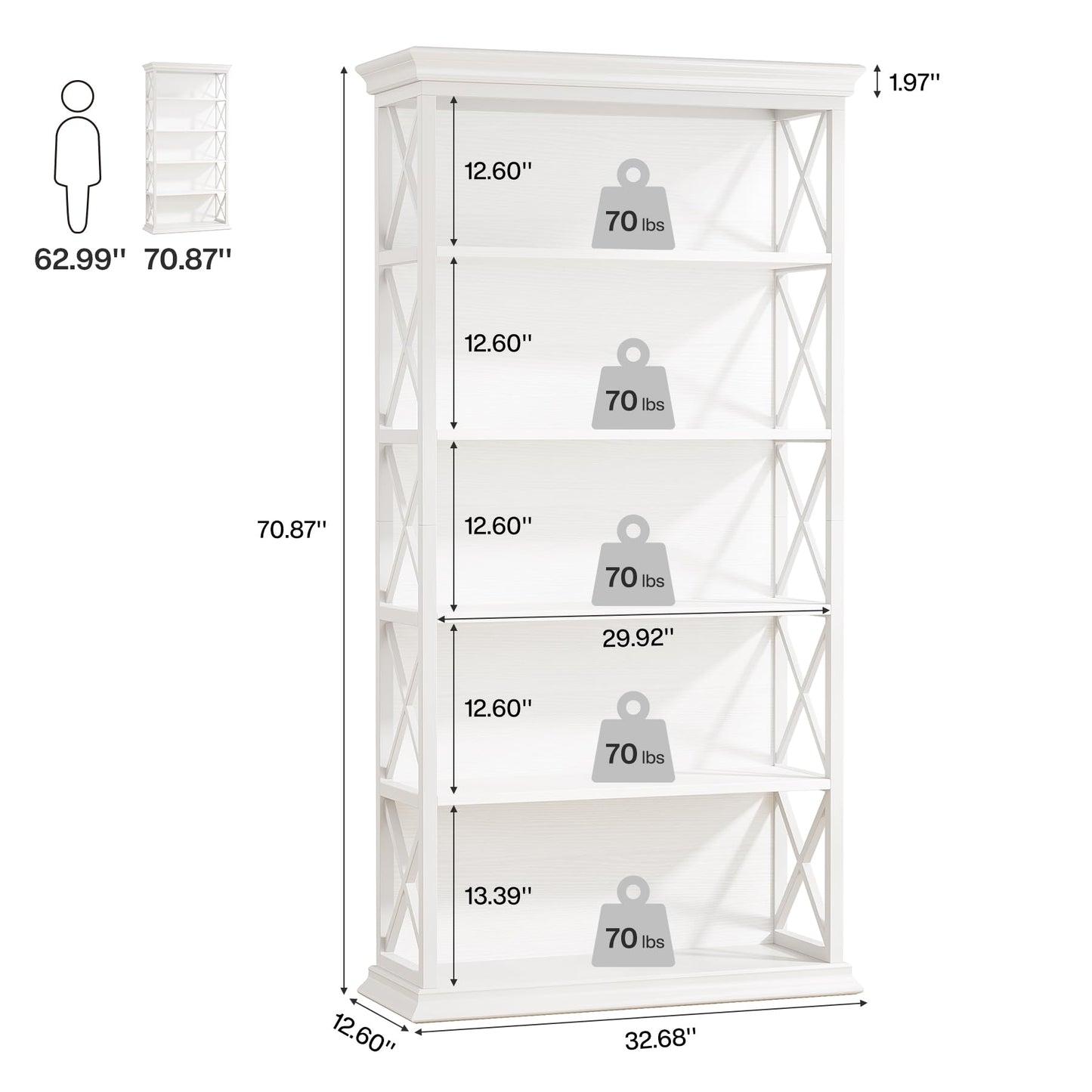 Tribesigns 6-Tier Bookcase, 71 Inches Industrial Bookshelves and Bookcases, Floor Standing 5 Shelf Display Storage Shelves Tall Bookcase for Home Office, Living Room, Bed Room, White