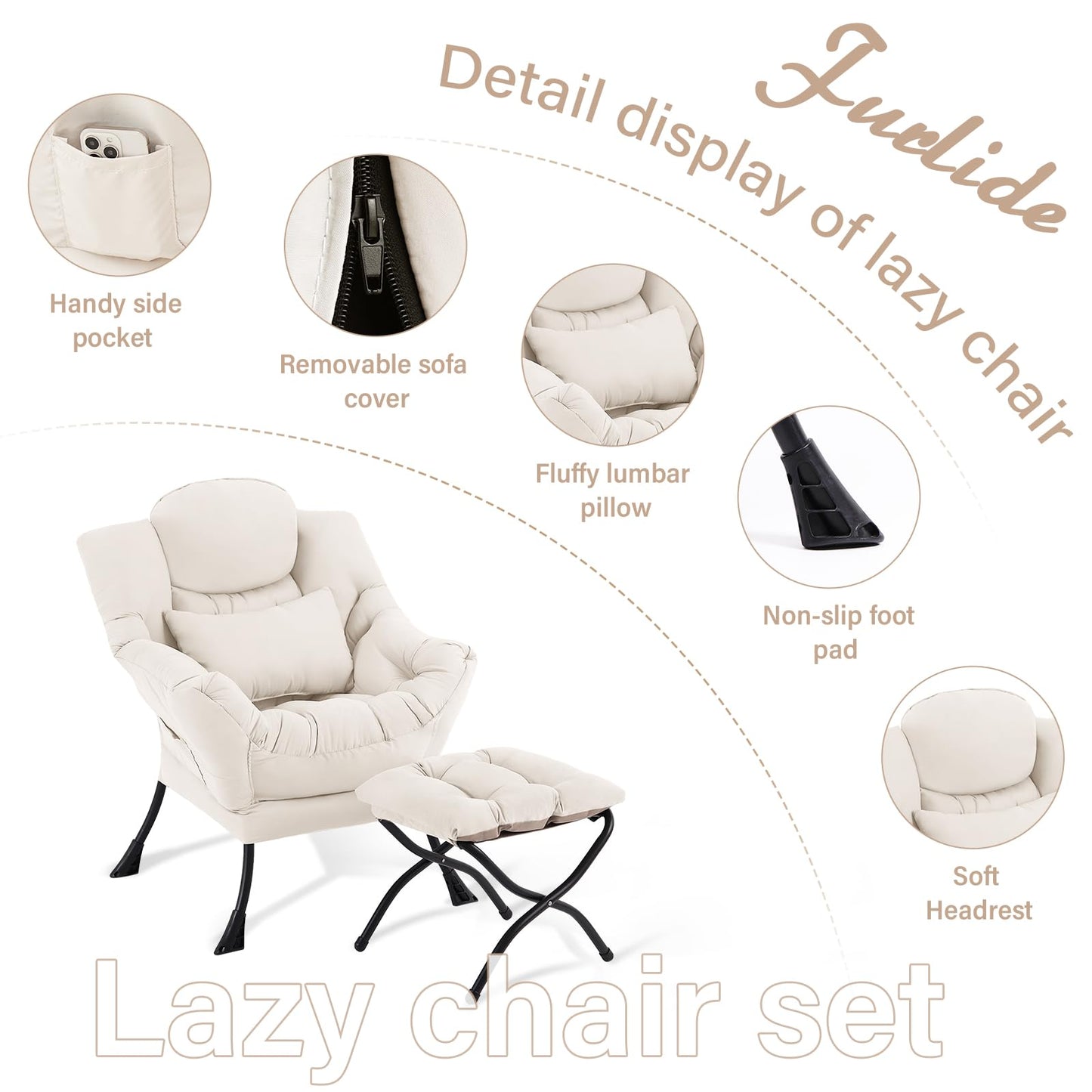 Furlide Lazy Chair with Ottoman, Comfy Fabric Accent Lounge Arm Chair with Lumbar Pillow and Folding Footrest, Reading Leisure Sofa Chair for Bedroom, Living Room, Dorm,Beige